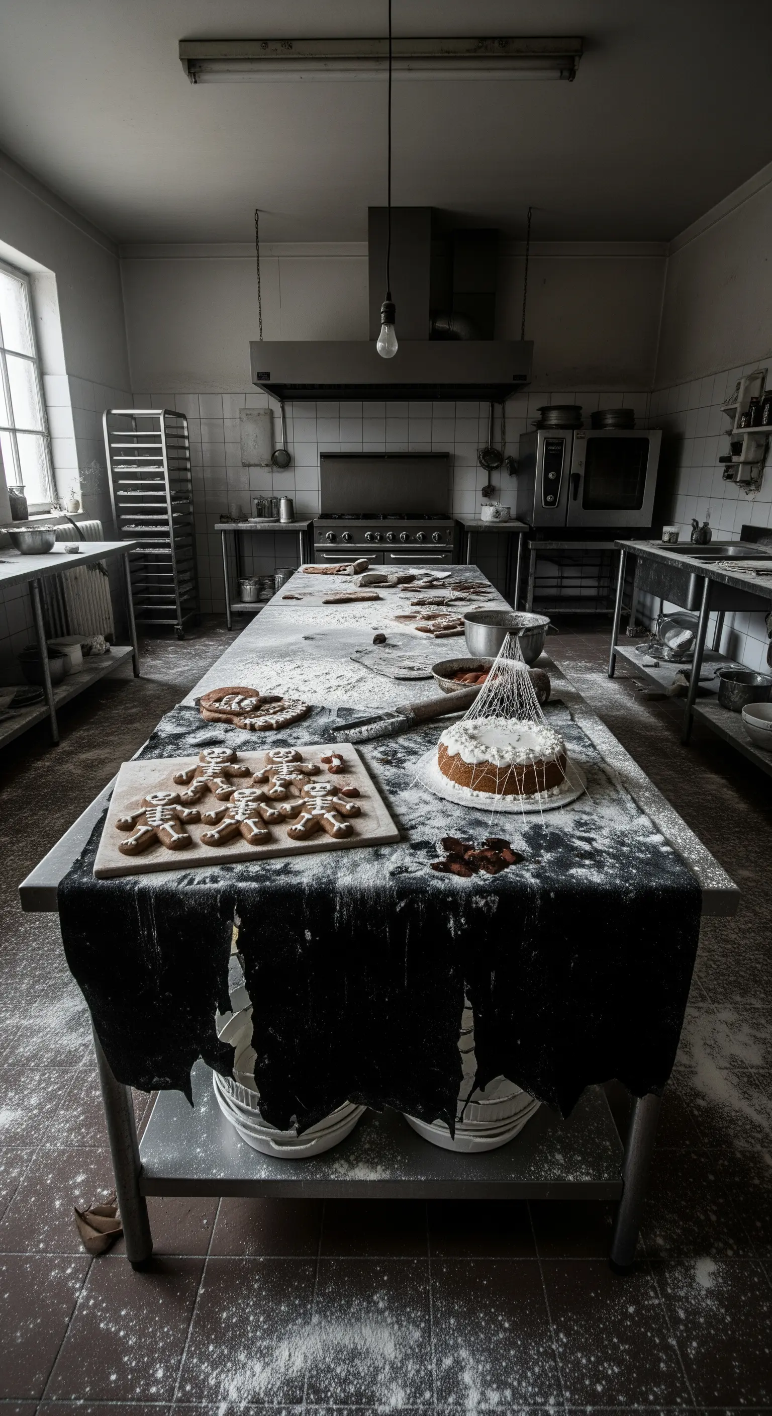 Cucina industriale con un tavolo coperto di farina e dolci, illuminata da una lampadina.