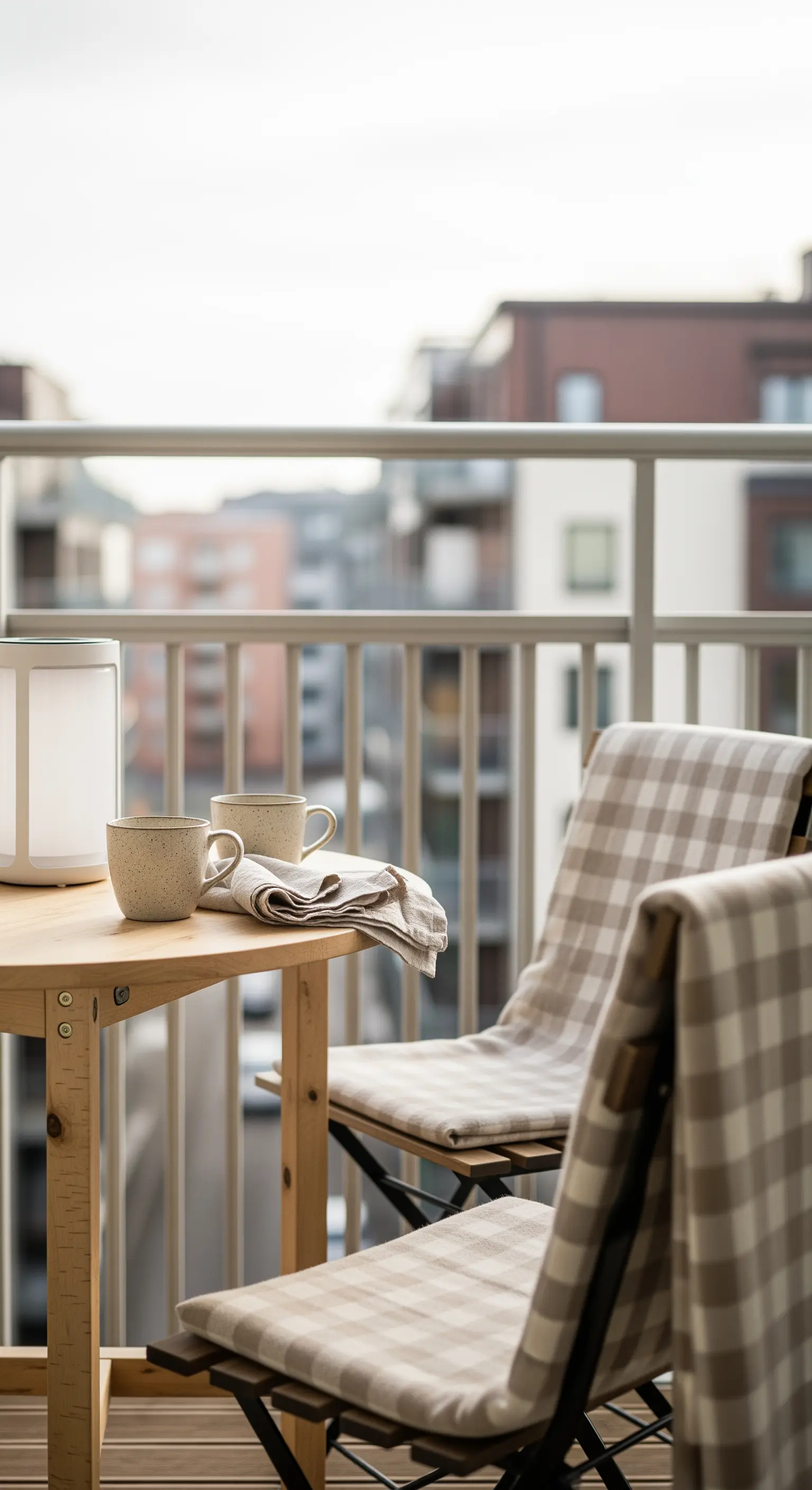 Tavolino da balcone in legno chiaro con due sedie pieghevoli e plaid a quadri.