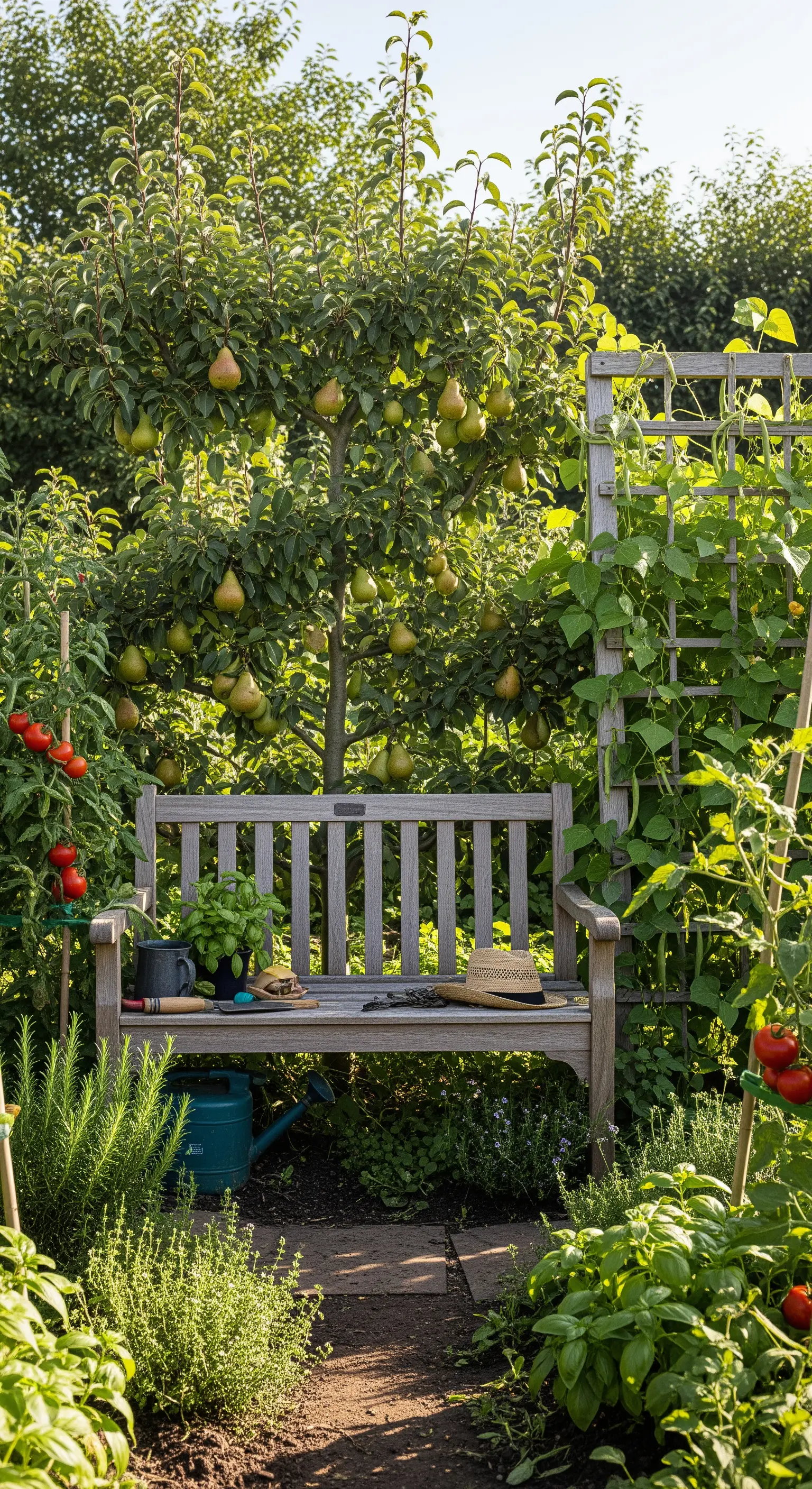 Panchina in legno in un orto rigoglioso, accanto a un albero di pere e piante di pomodoro.