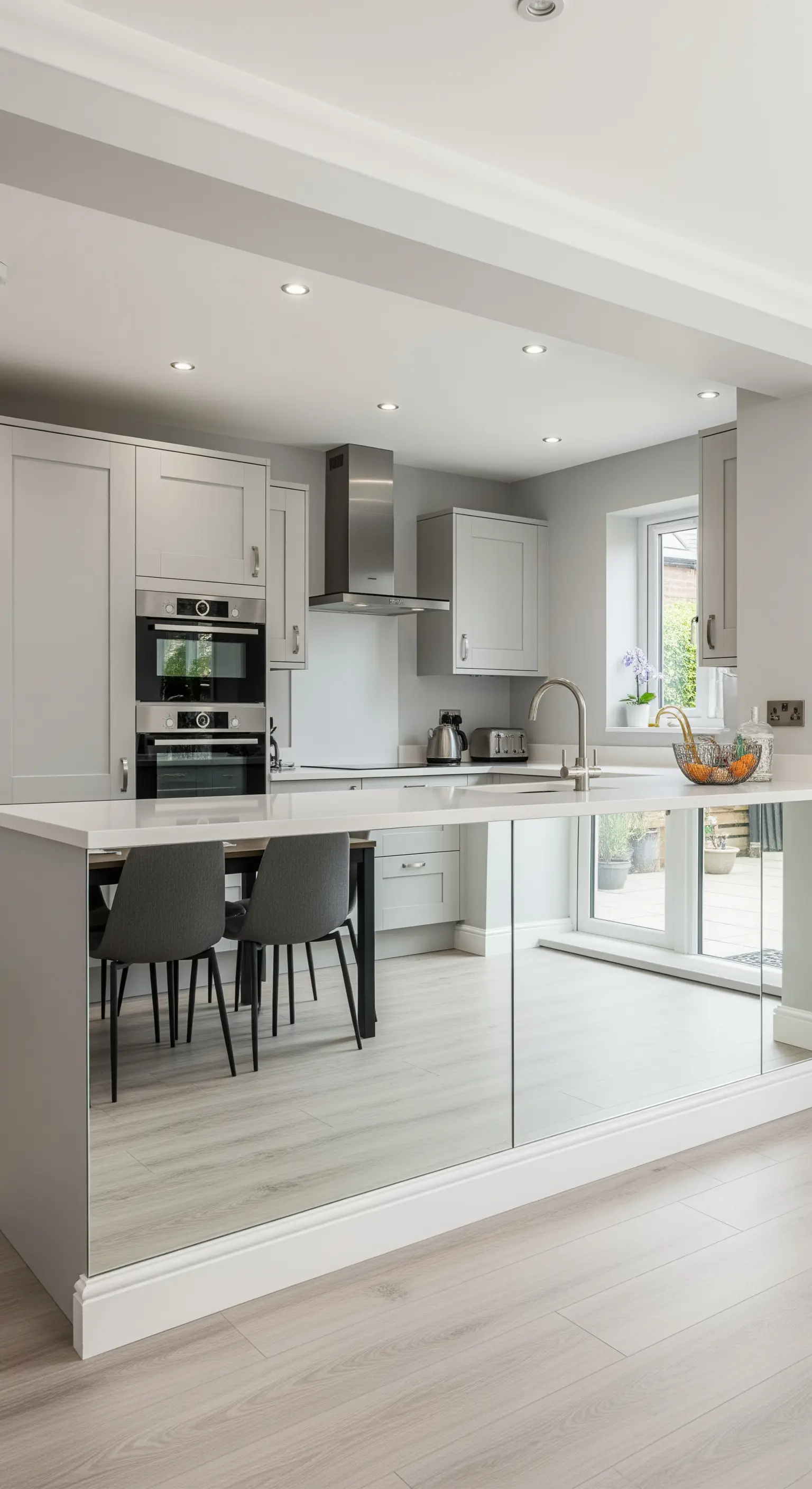 Penisola della cucina con base interamente rivestita di specchi.