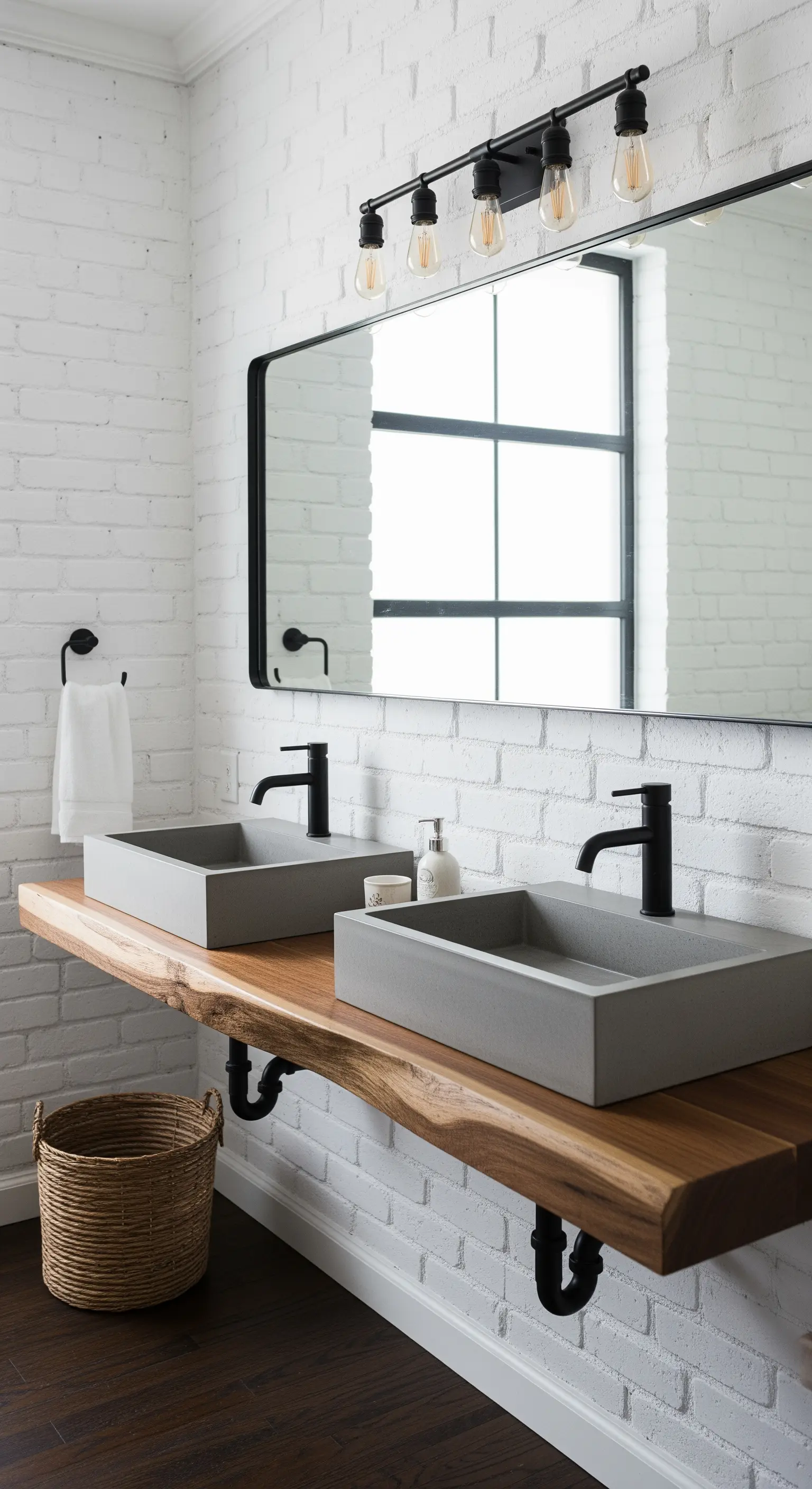 Doppio lavabo in cemento su top in legno con bordo irregolare e mattoni bianchi.