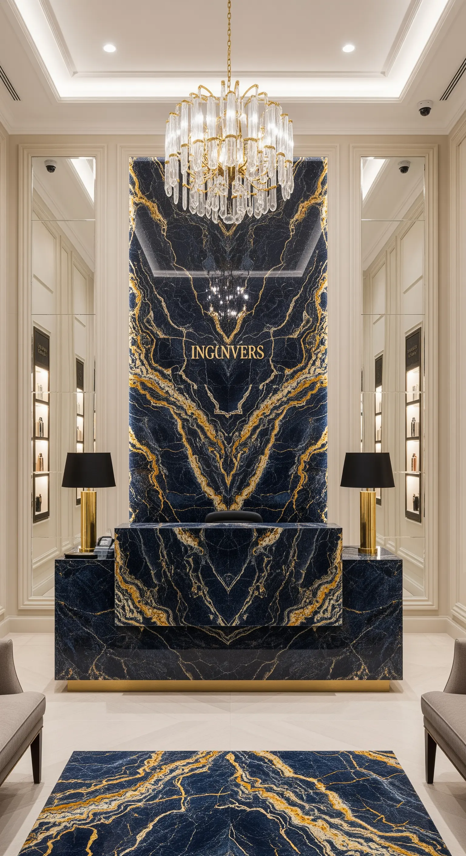 Bancone e parete in marmo blu e oro con venature a specchio (book-matched).