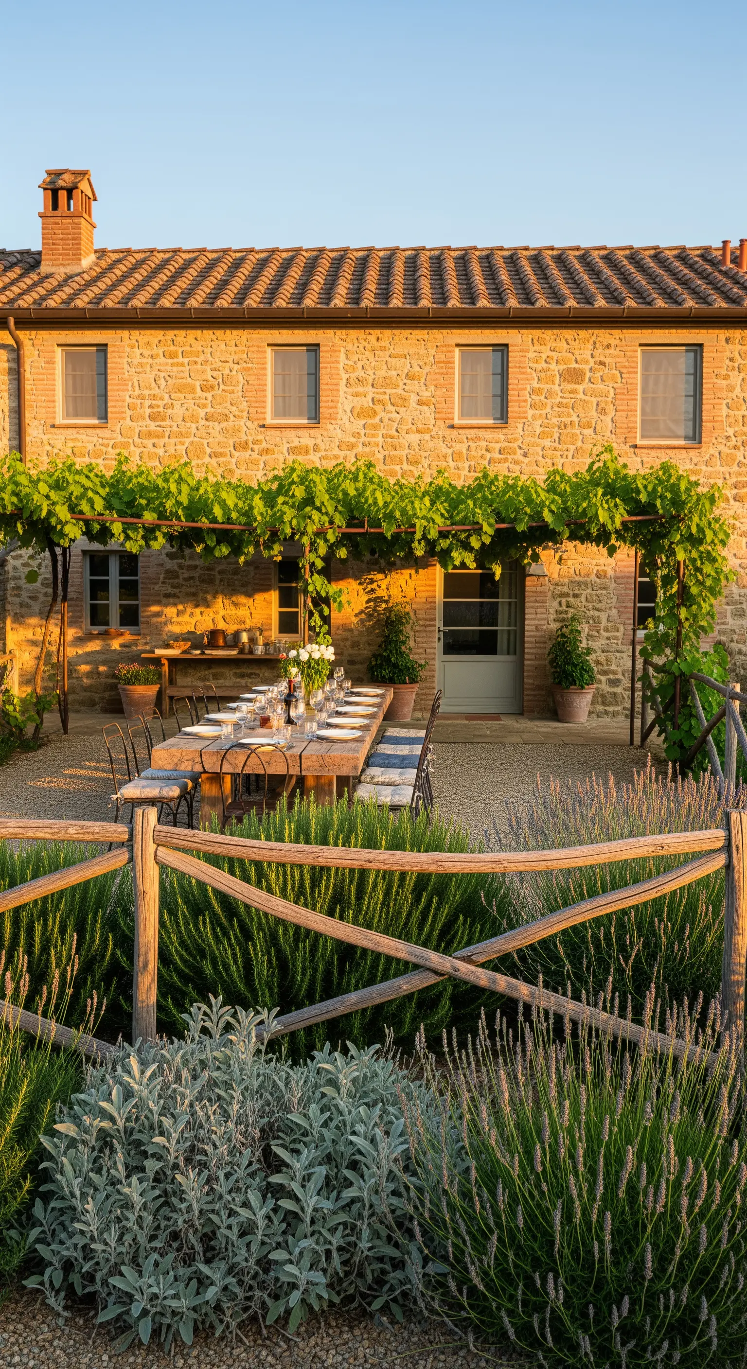 Tavolo da picnic in legno sotto una pergola di vite in un casale toscano.