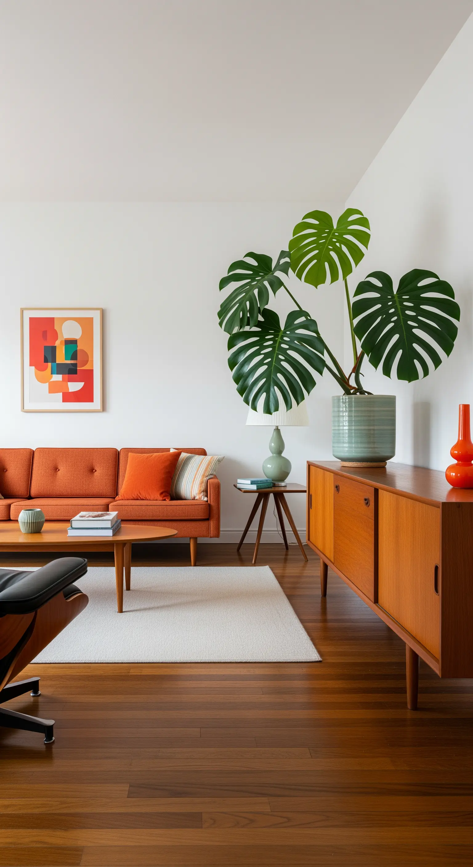 Una Monstera deliciosa in un vaso turchese su una credenza in stile Mid-Century.