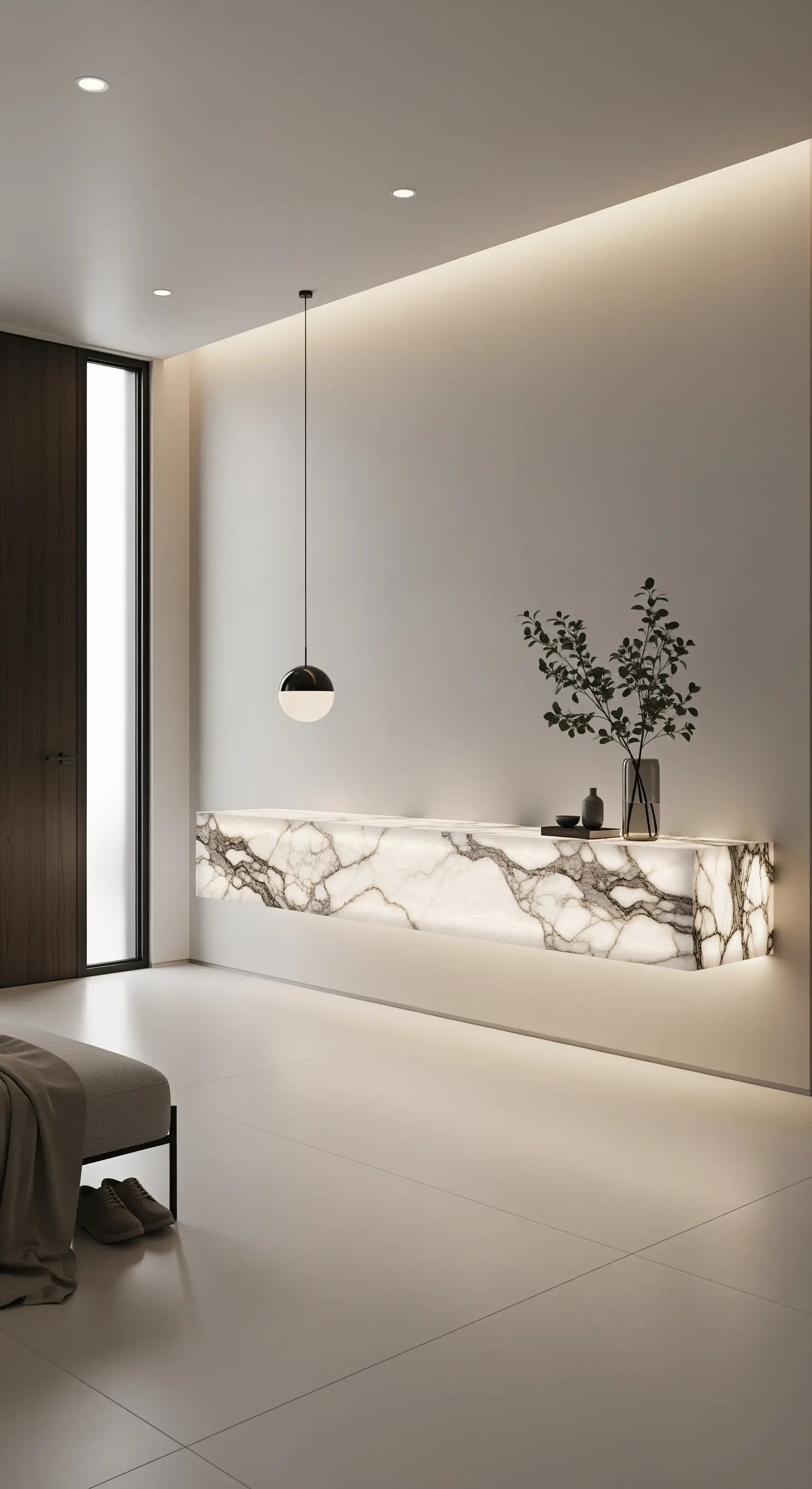 Lunga consolle sospesa in marmo traslucido completamente retroilluminata.