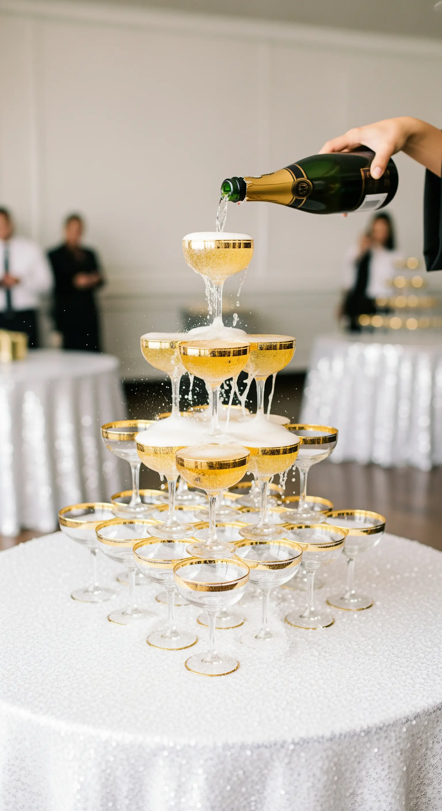 Piramide di coppe da champagne con bordo dorato durante il brindisi.