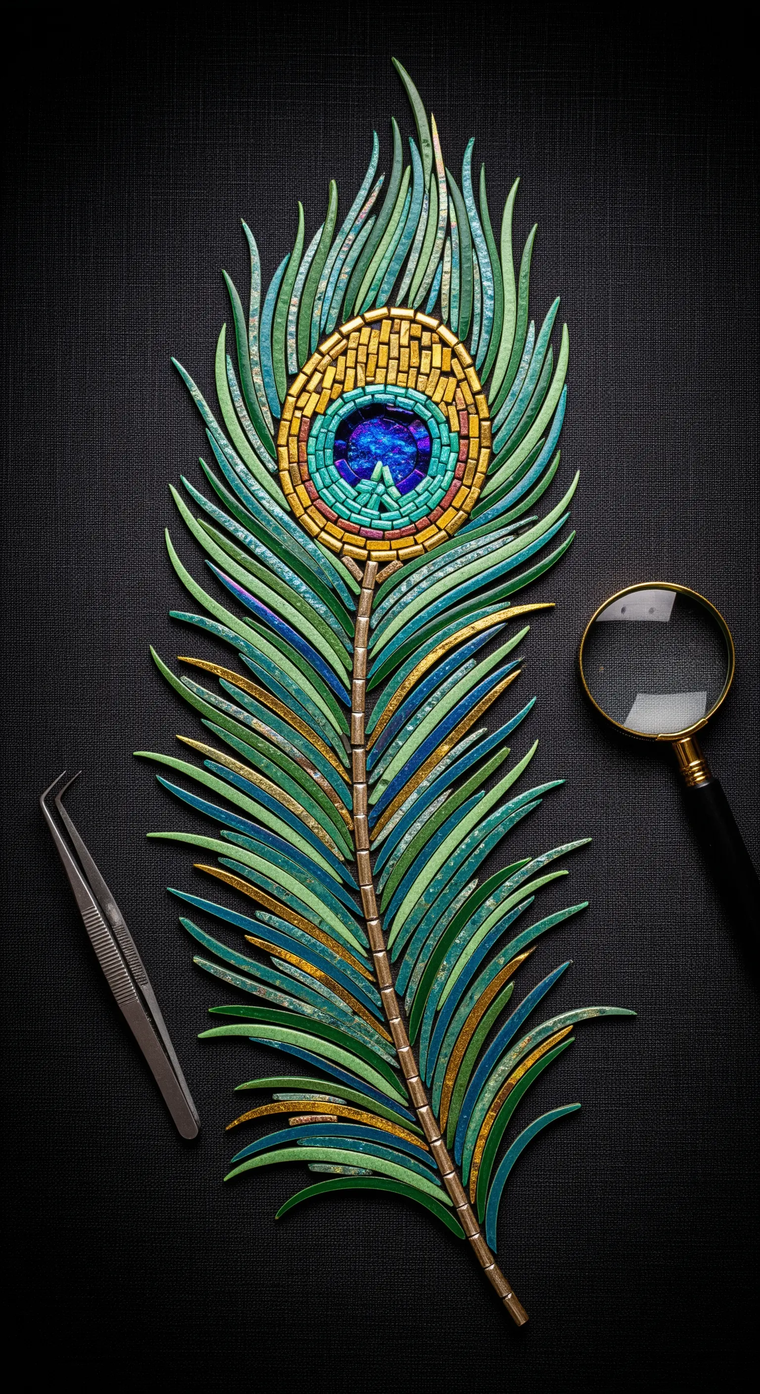 Mosaico incredibilmente dettagliato di una piuma di pavone, con tessere verdi, blu e dorate.