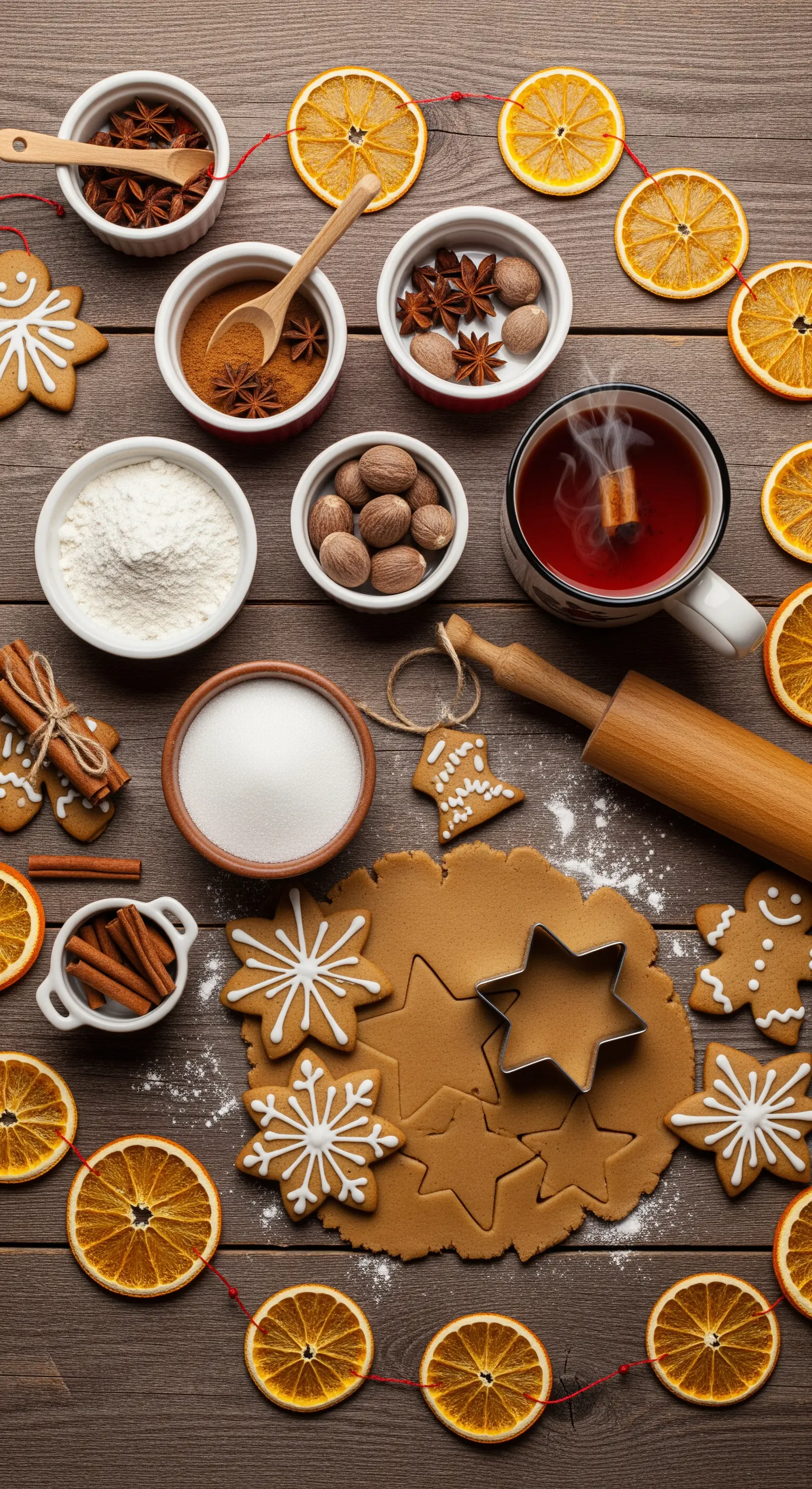 Flat lay su un tavolo di legno con ingredienti per biscotti natalizi: spezie, arance essiccate e impasto.