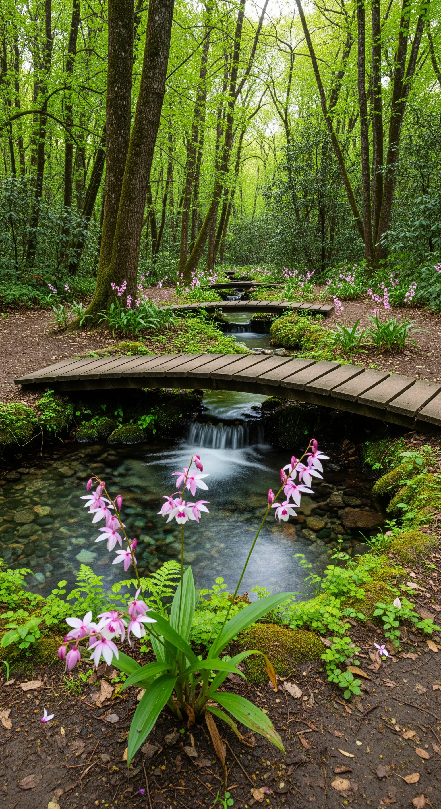 Piccoli ponti di legno attraversano un ruscello in un bosco, con orchidee rosa in primo piano.