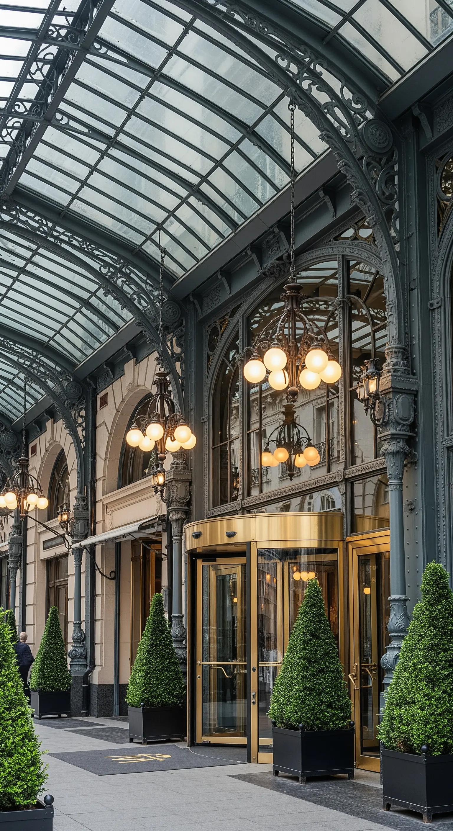 Ingresso coperto da una grande struttura in ferro e vetro in stile Art Nouveau, con lampadari a globo