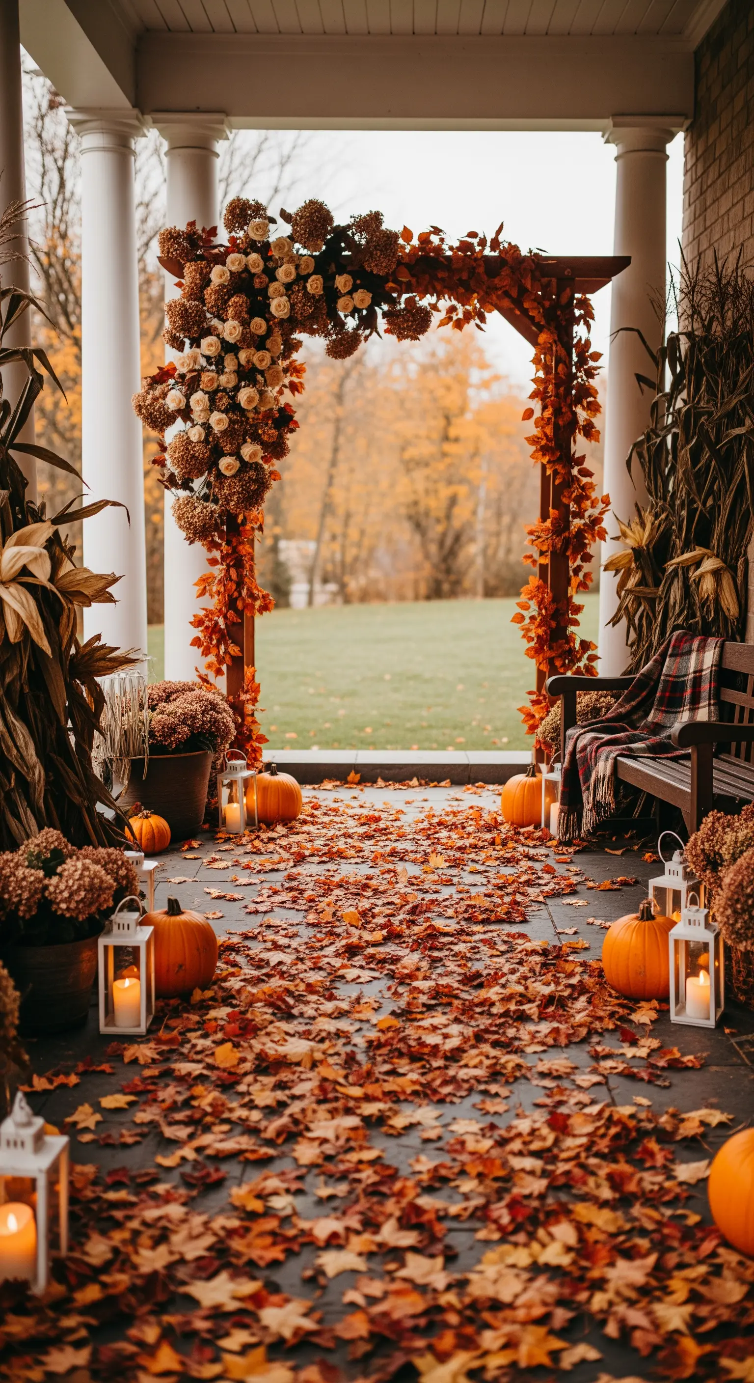 Portico autunnale decorato con zucche, foglie cadute e un arco di fiori secchi.