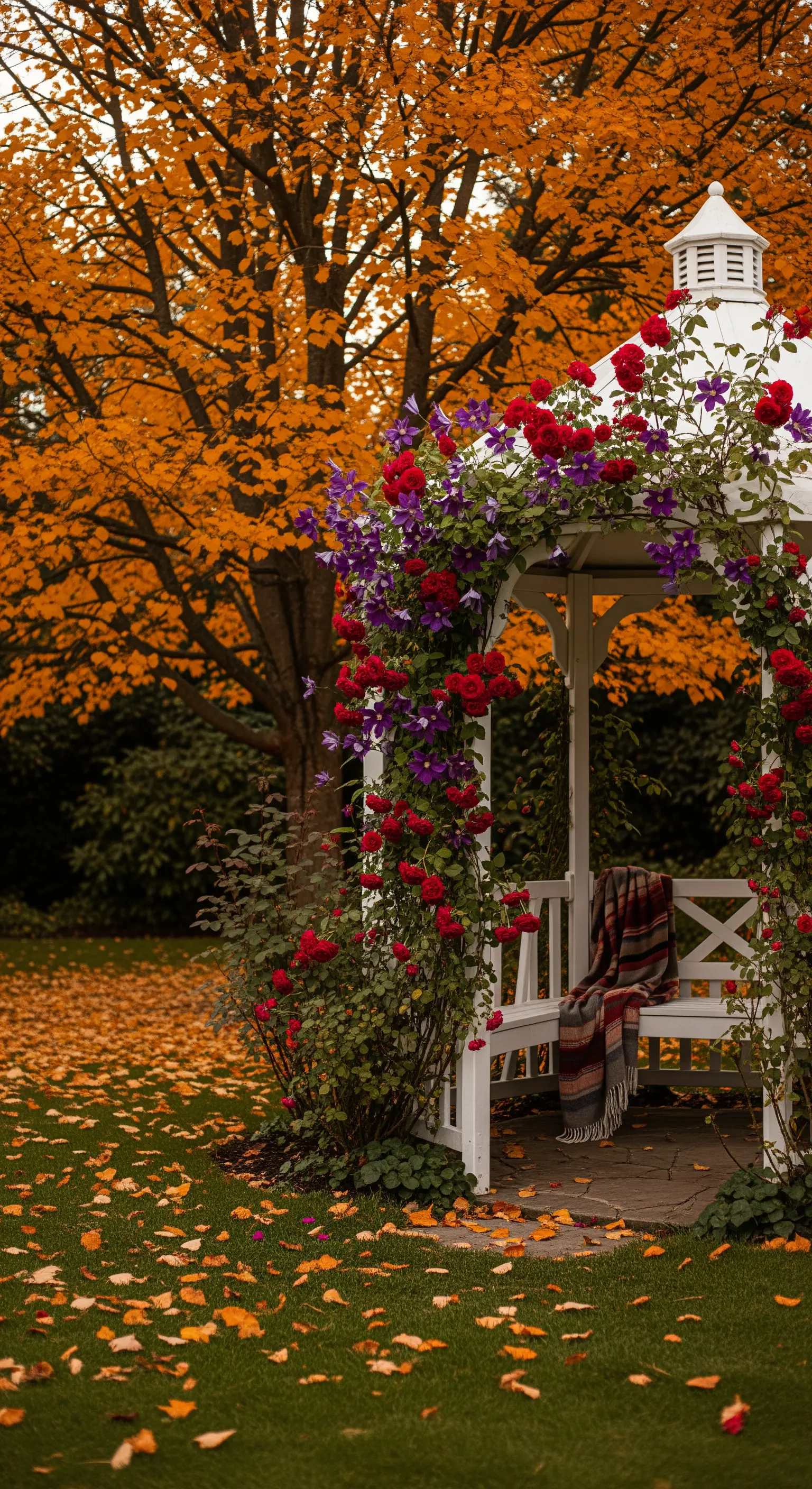Gazebo bianco in autunno con rose rosse e un plaid scozzese, circondato da foglie arancioni.