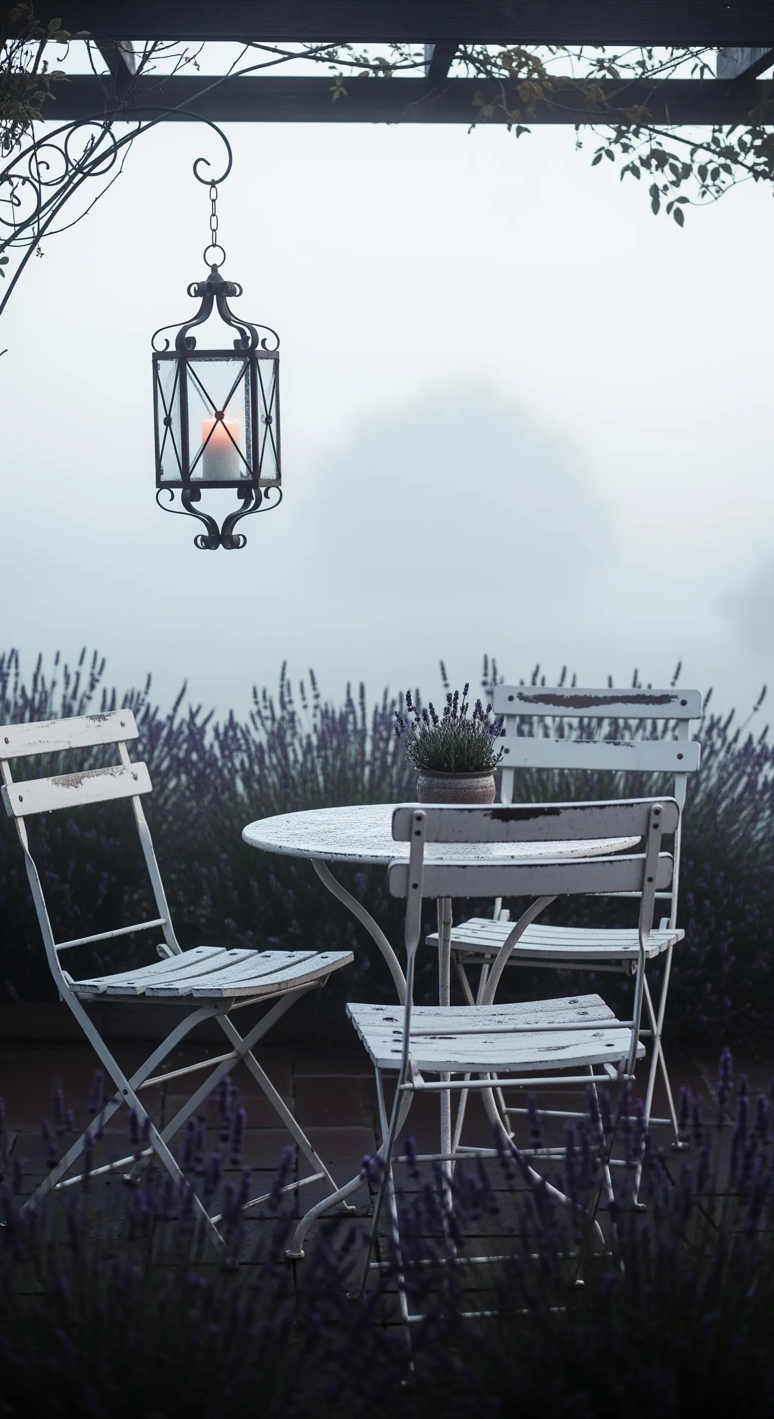 Set da bistrò bianco decapato in un campo di lavanda avvolto dalla nebbia mattutina.