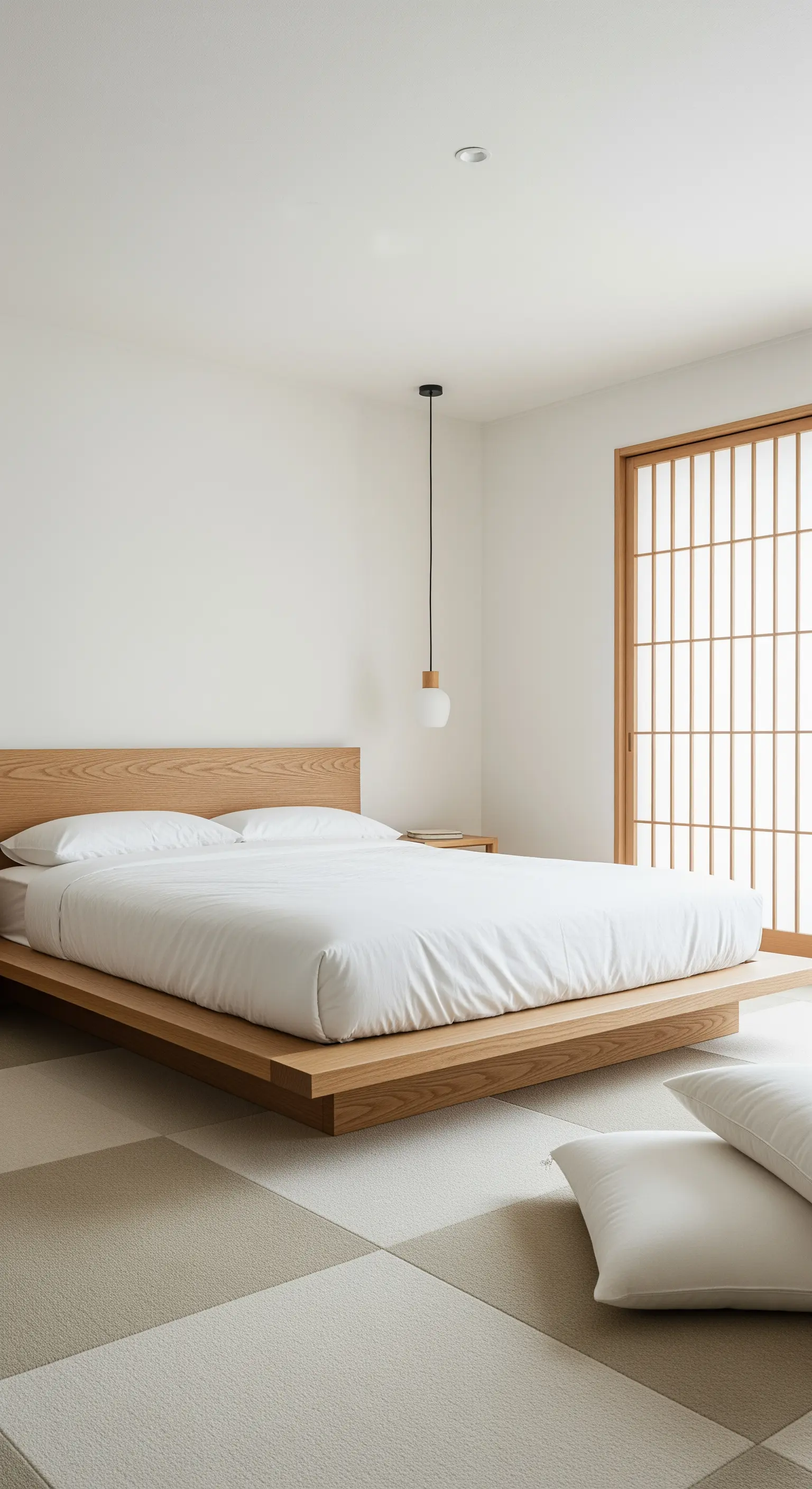 Camera da letto in stile giapponese con letto basso e porte scorrevoli Shoji.