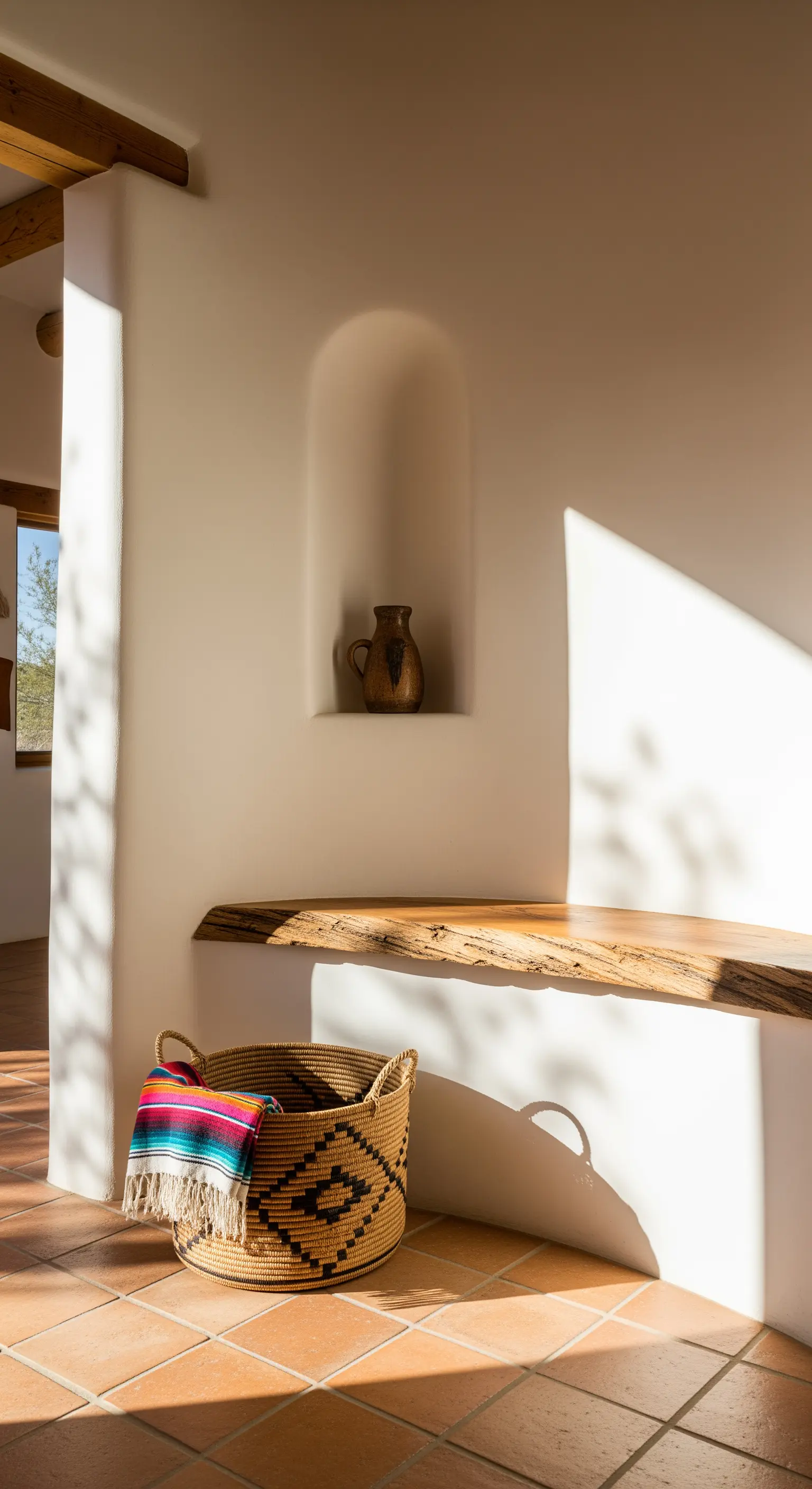 Panca in muratura con seduta in legno grezzo, inserita in una parete bianca e curva.