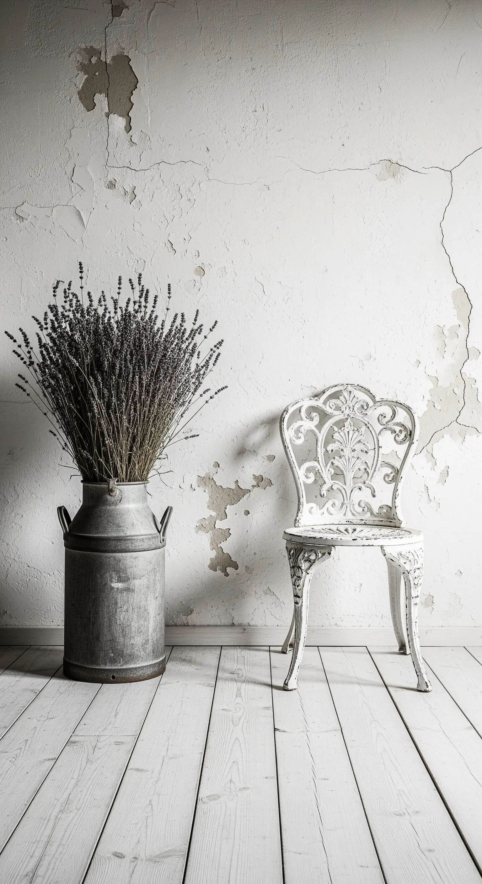 Sedia decorata in ferro battuto bianco accanto a un bidone del latte con lavanda secca