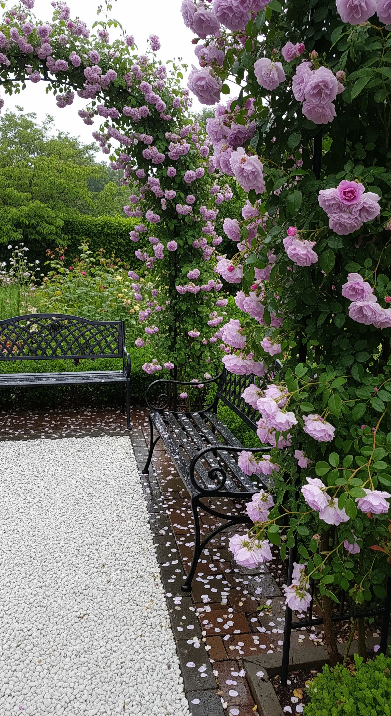 Panchine in ferro battuto bagnate dalla pioggia sotto un arco di rose, con petali caduti a terra.