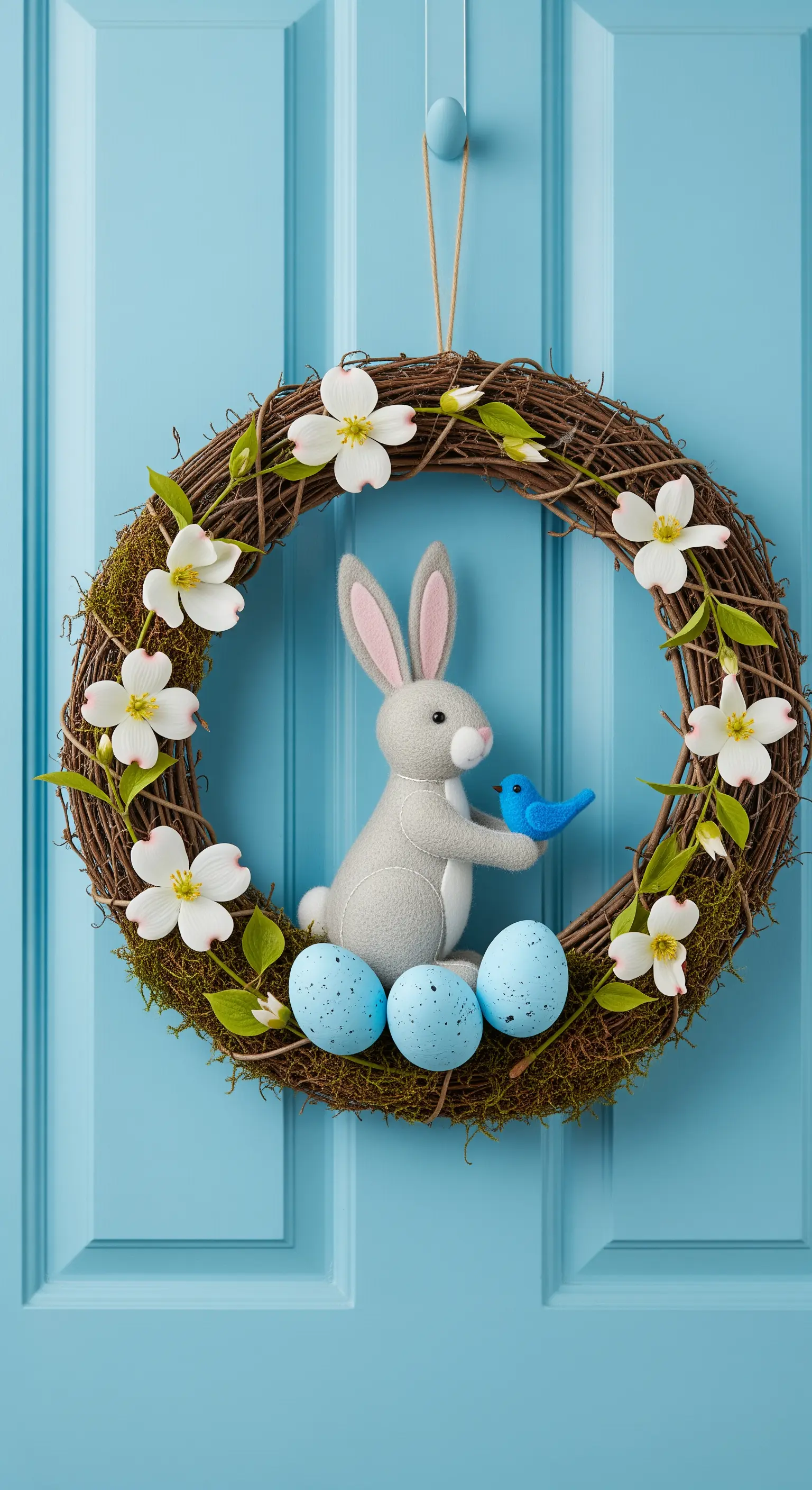 Ghirlanda nido con coniglietto in feltro, uccellino blu e uova maculate.