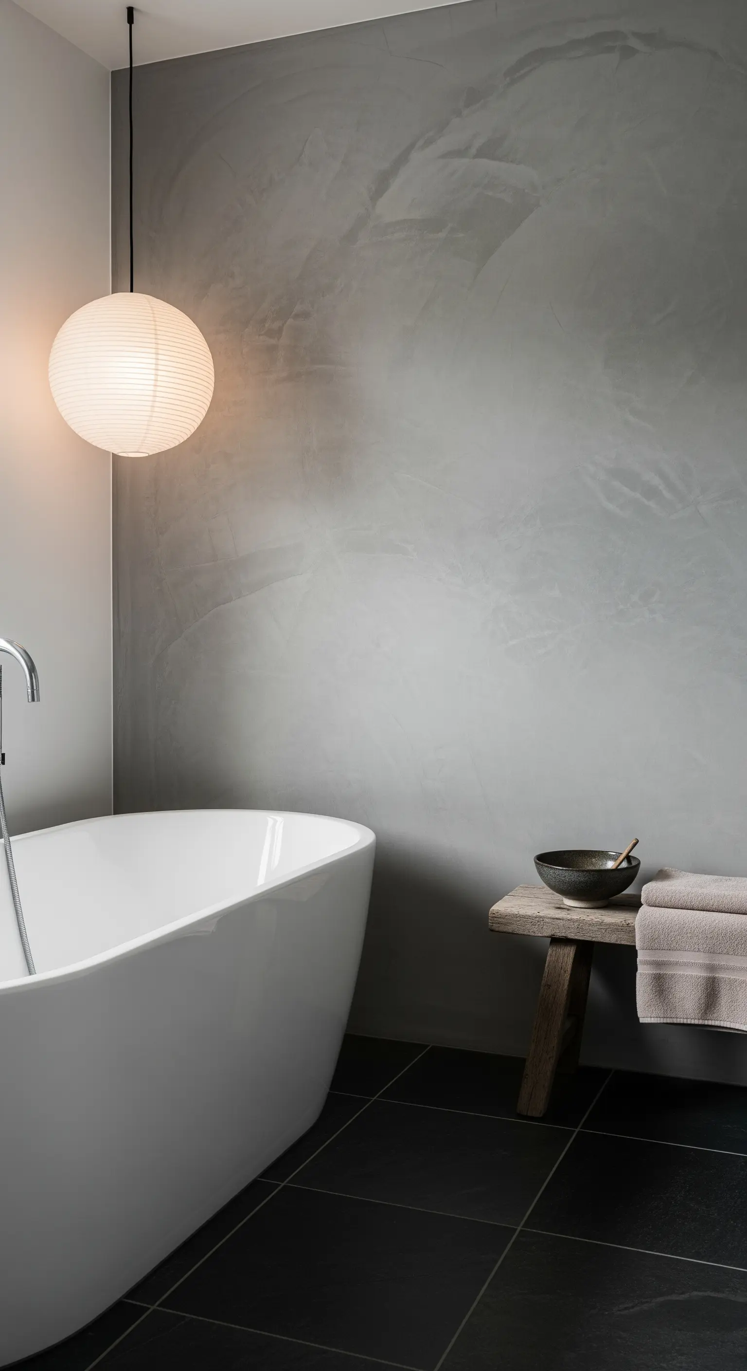 Vasca freestanding con lampada a sospensione in carta di riso e panca in legno grezzo.