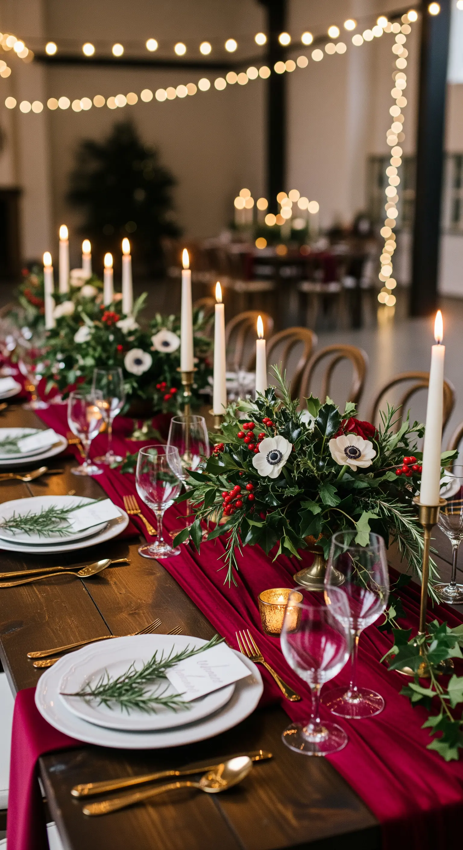 Centrotavola invernale con runner bordeaux, anemoni, bacche e candele.