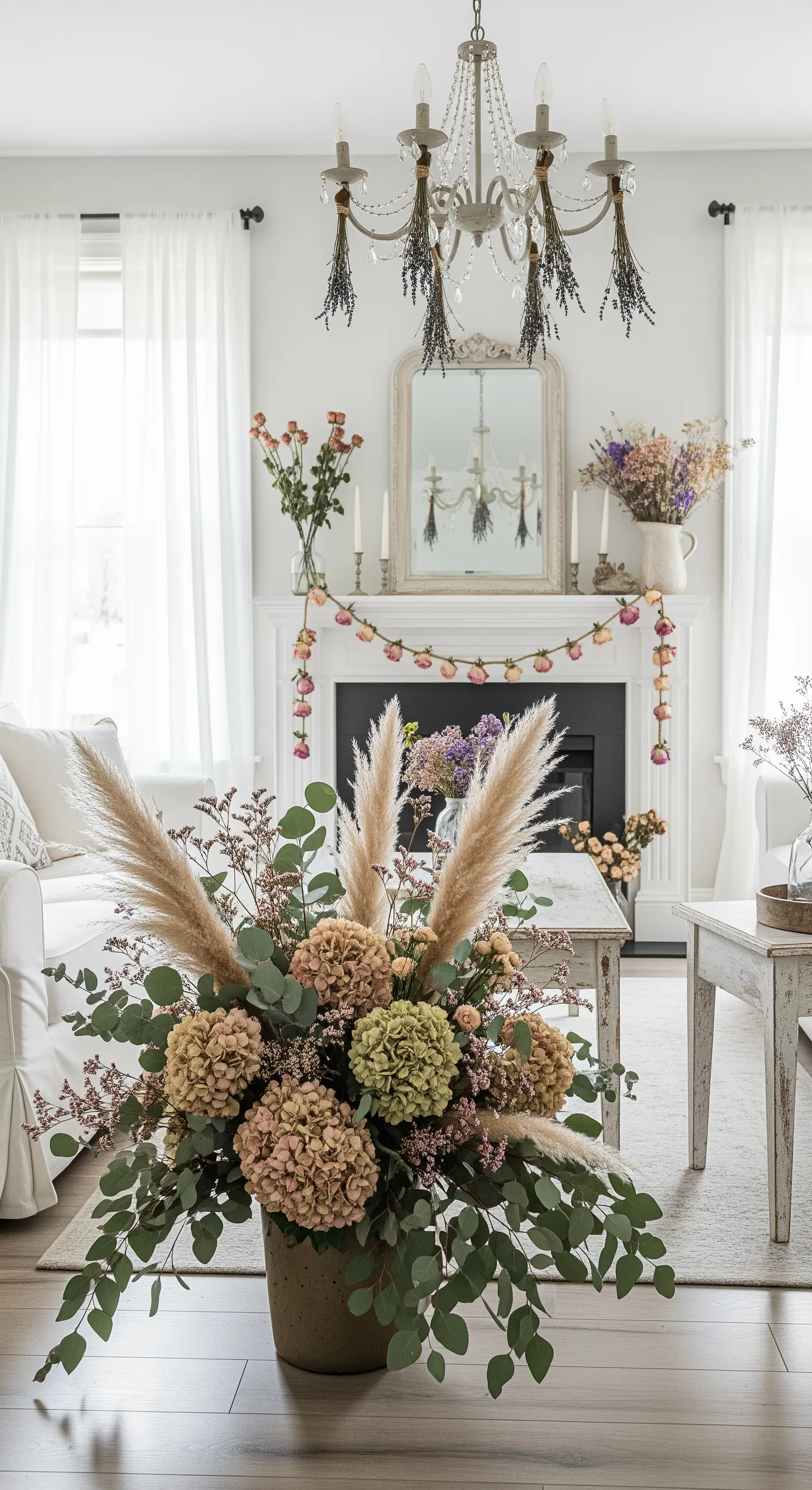 Composizione di fiori secchi e pampas in un soggiorno shabby chic con camino.