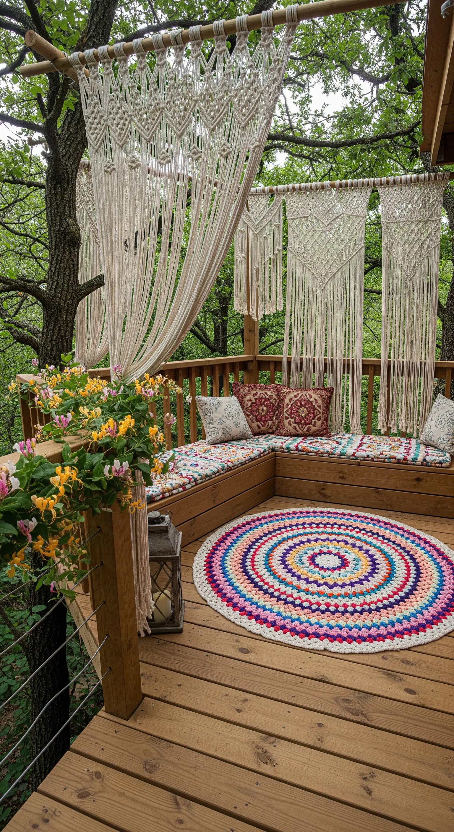 Terrazza in legno con sedute angolari, tende in macramè e tappeto rotondo all'uncinetto.