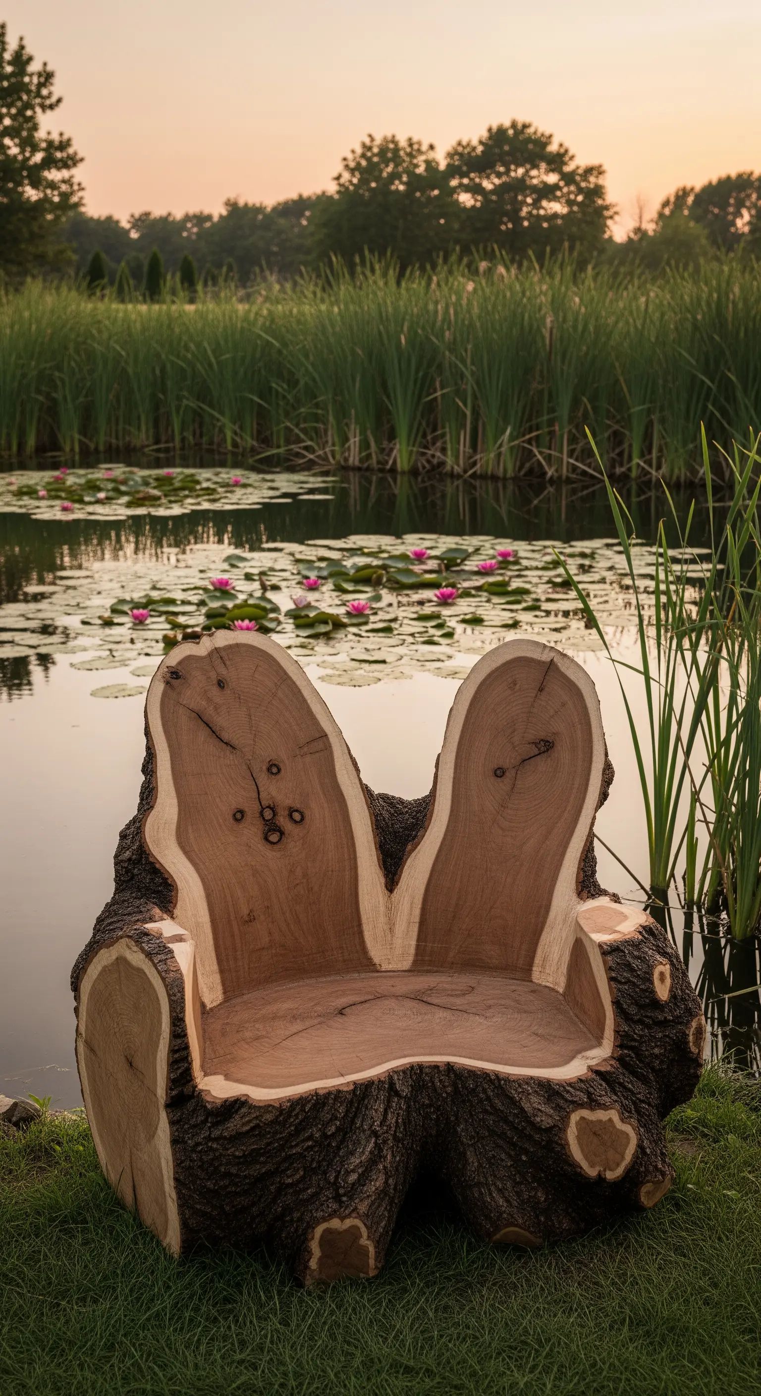 Poltrona a forma di coniglio ricavata da un unico ceppo di legno, posta sulla riva di un laghetto.