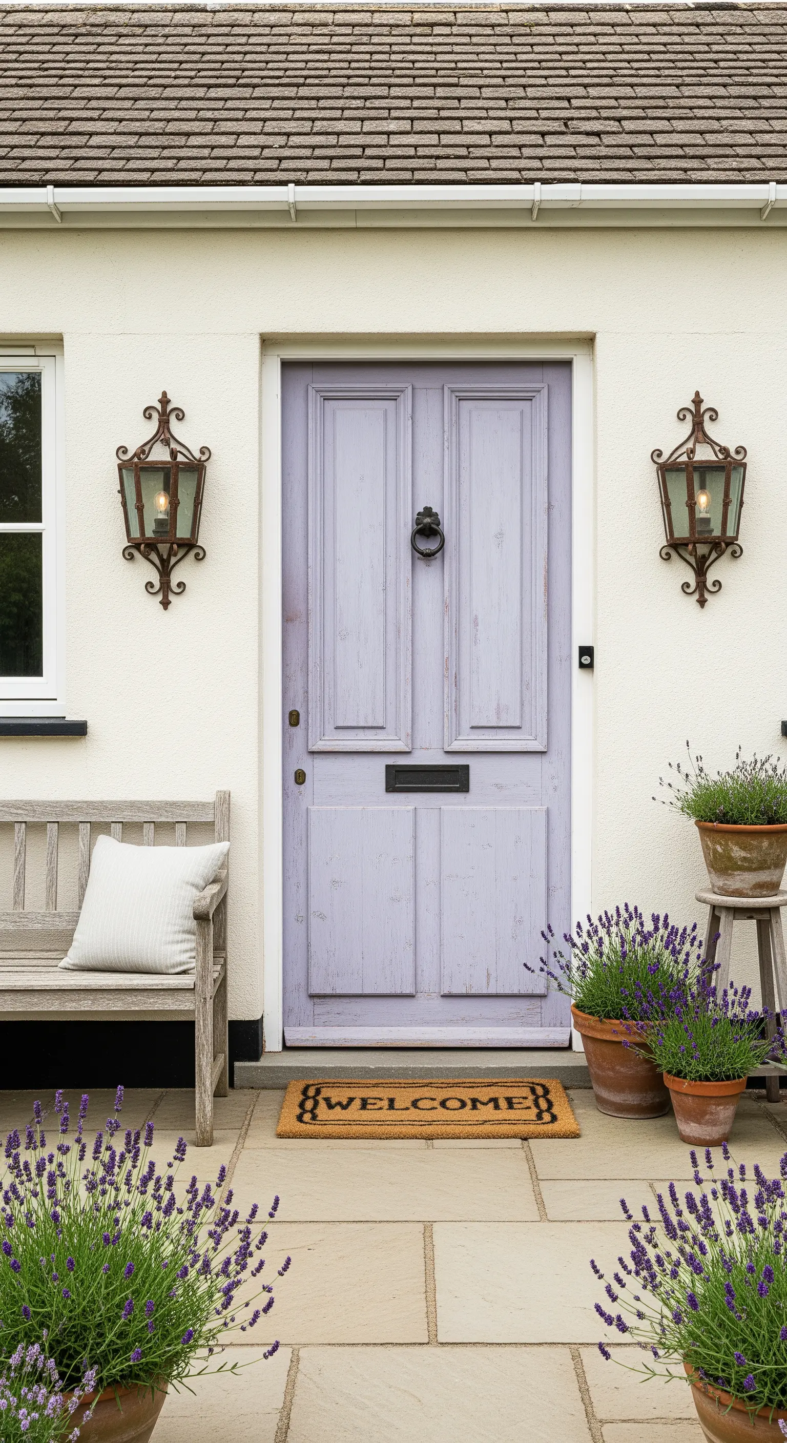 Porta d'ingresso color lavanda con lanterne a muro in ferro battuto e vasi di fiori.
