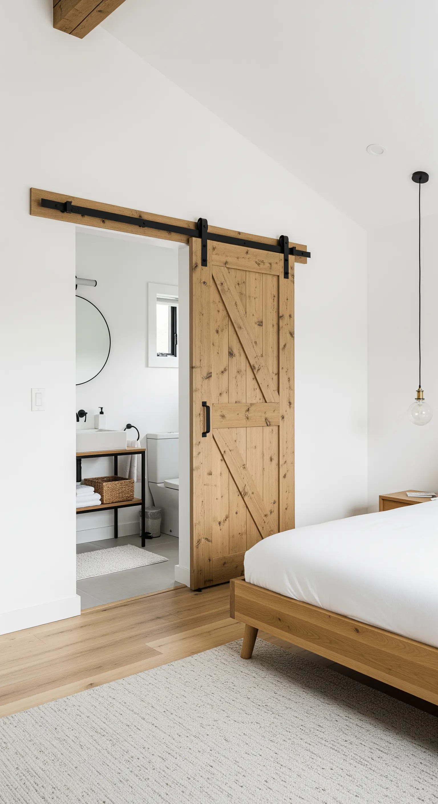 Porta scorrevole in stile 'barn door' in legno di pino che conduce a un bagno.
