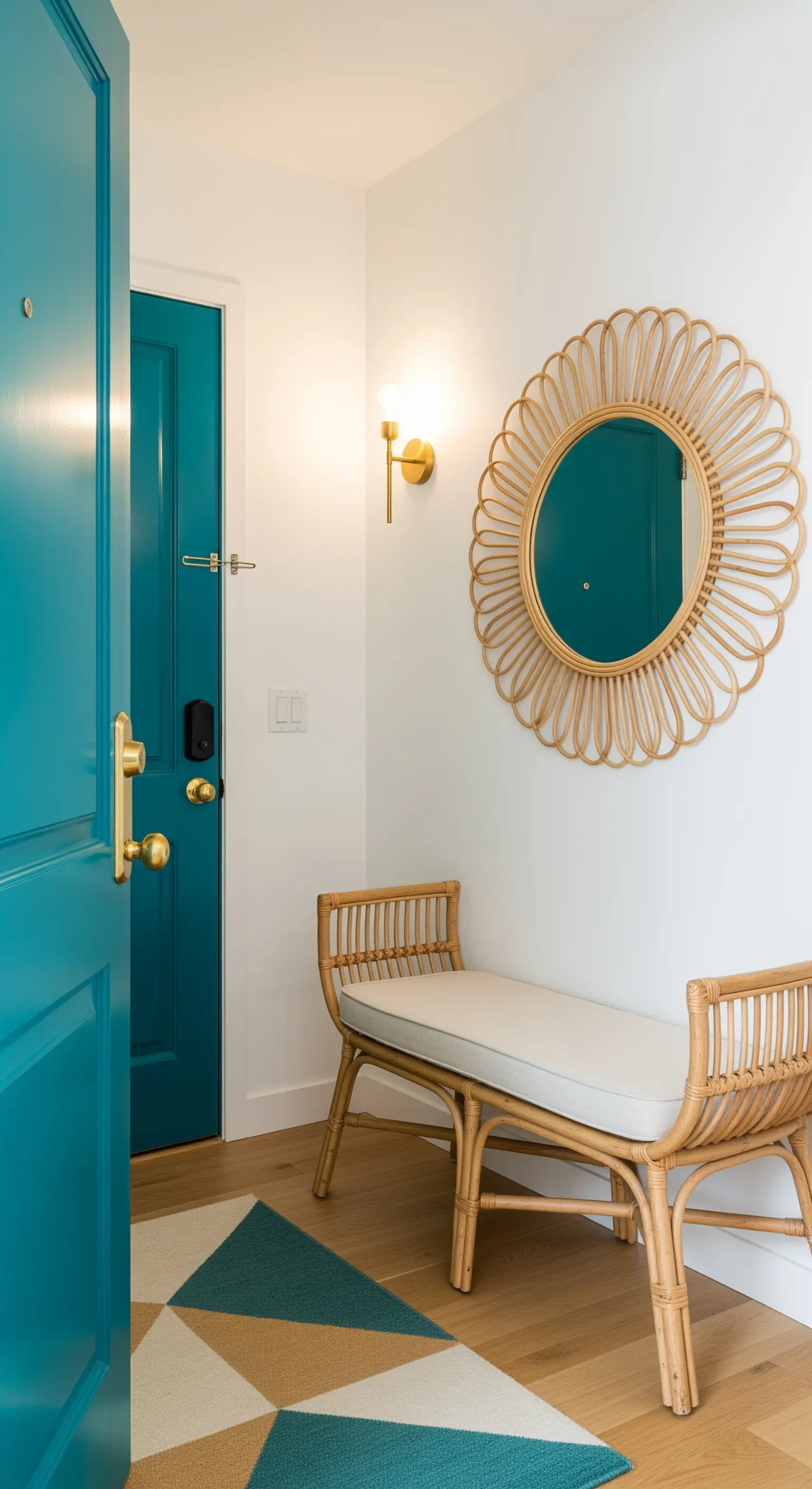 Porta d'ingresso color verde acqua, panca in rattan e specchio a forma di fiore.