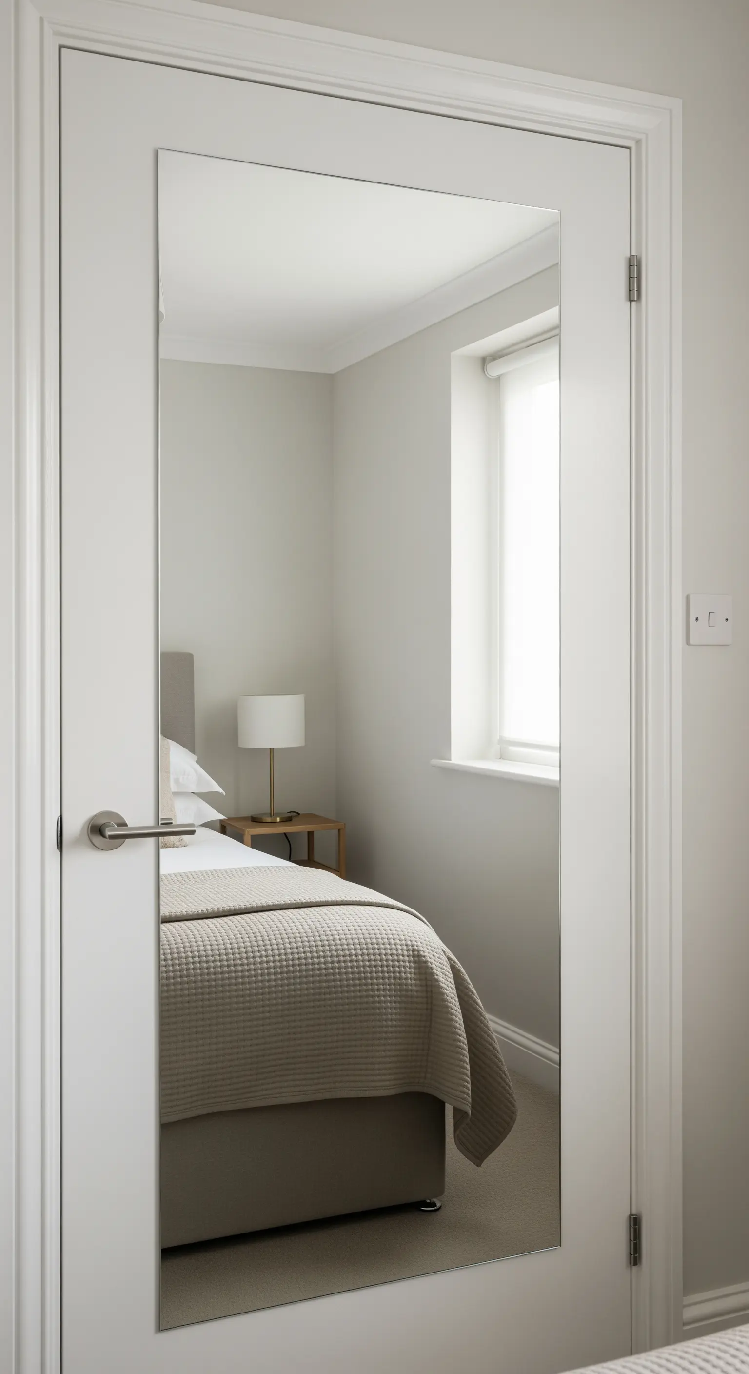 Specchio a figura intera applicato sulla superficie interna della porta di una camera da letto.