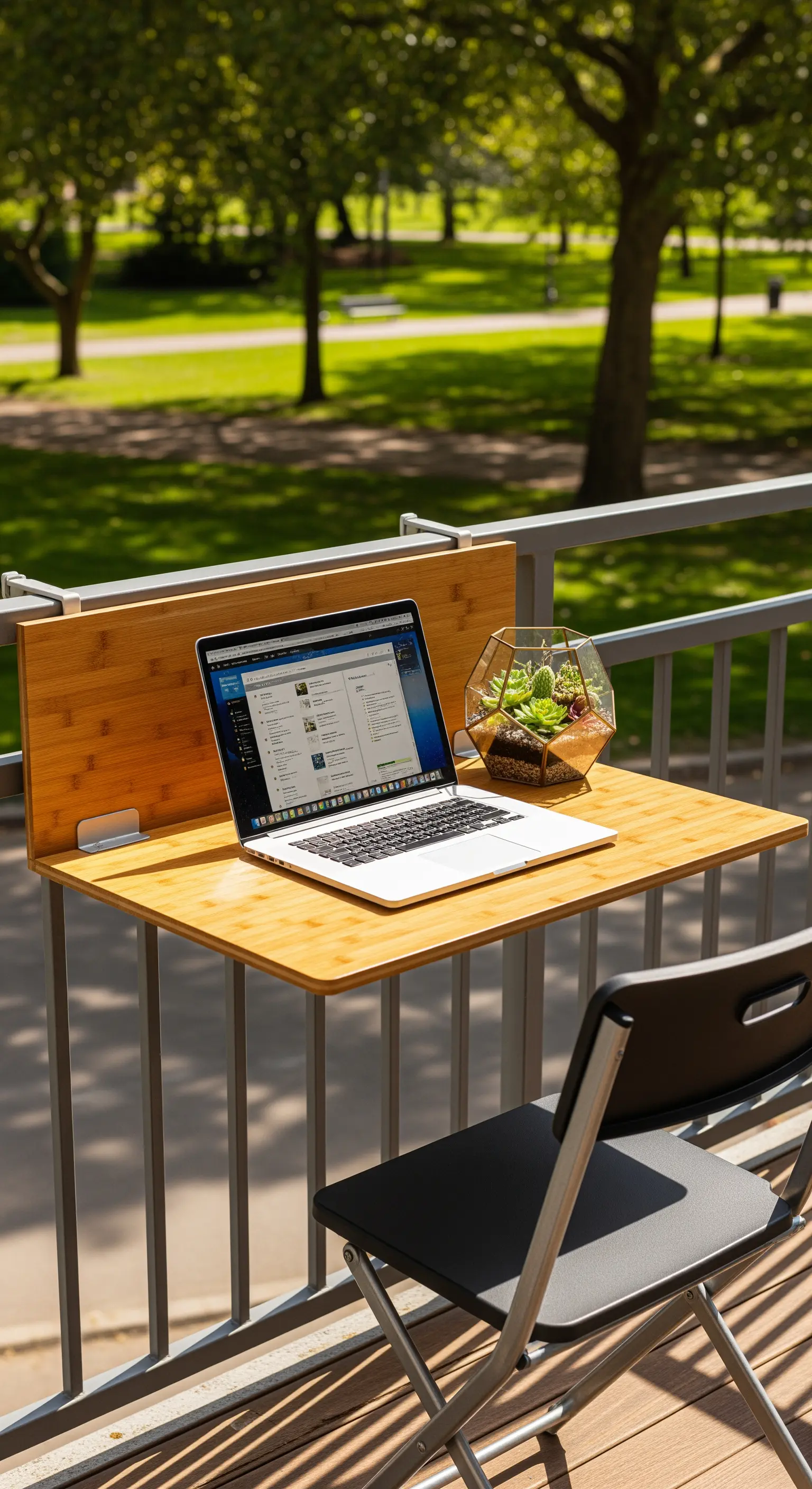 Tavolino in legno da ringhiera con un laptop e una sedia nera su un balcone.