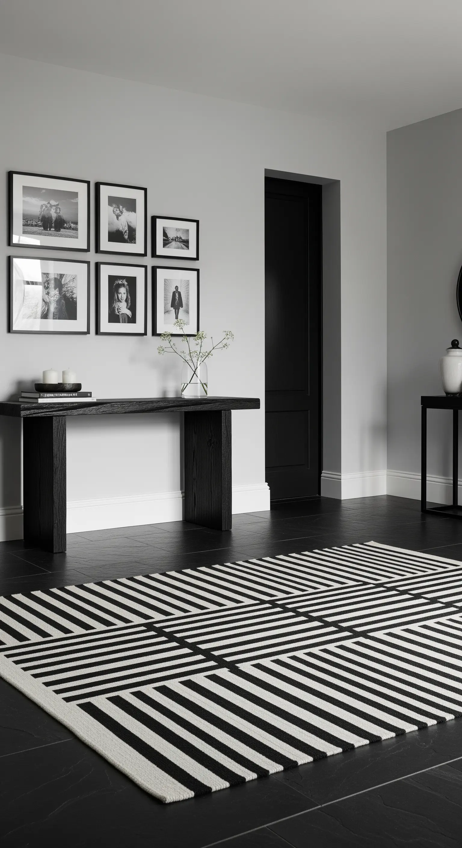 Ingresso monocromatico con consolle nera e tappeto a righe bianche e nere.