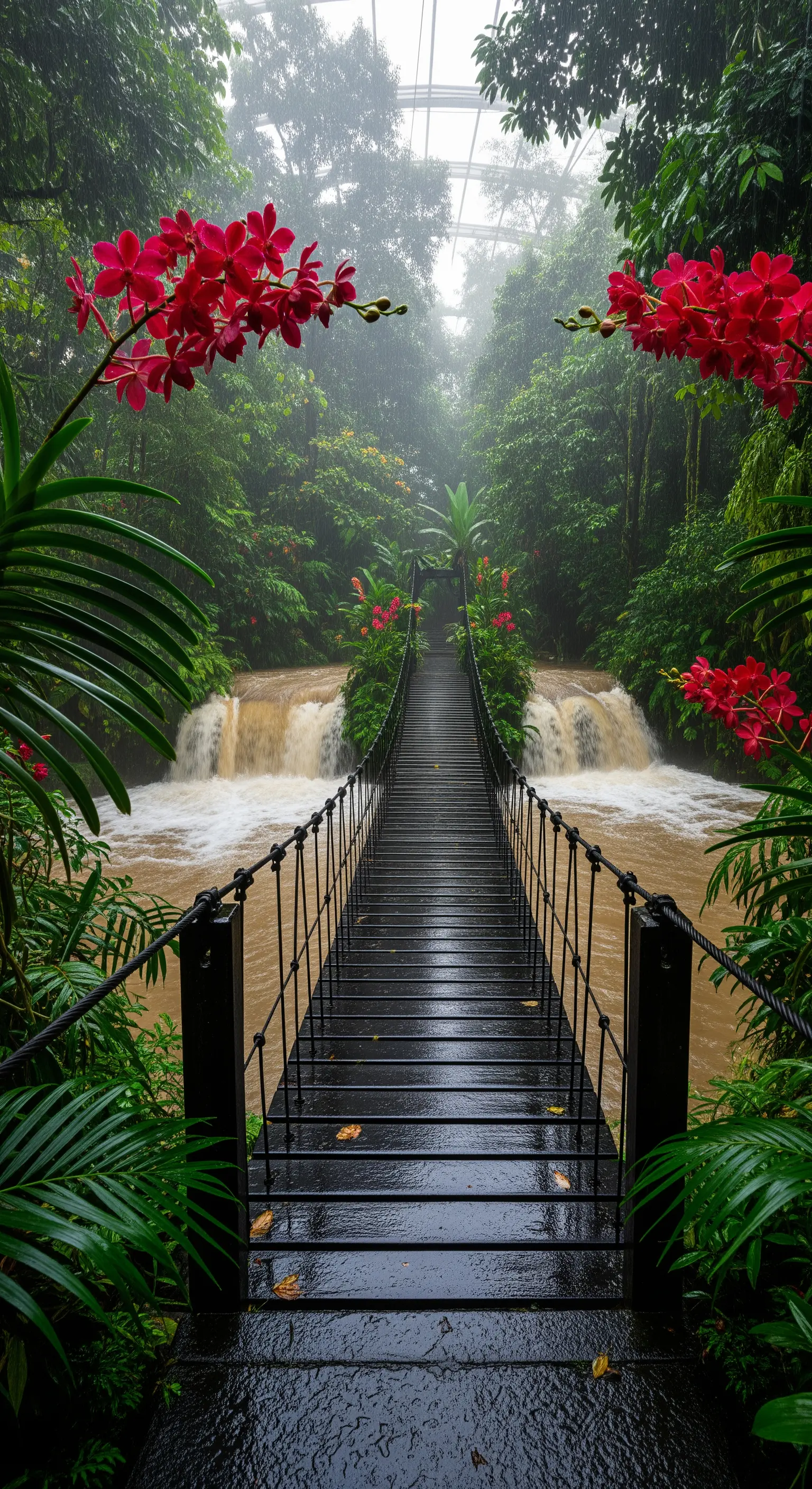 Passerella in legno scuro in una foresta pluviale, incorniciata da orchidee rosse accese.