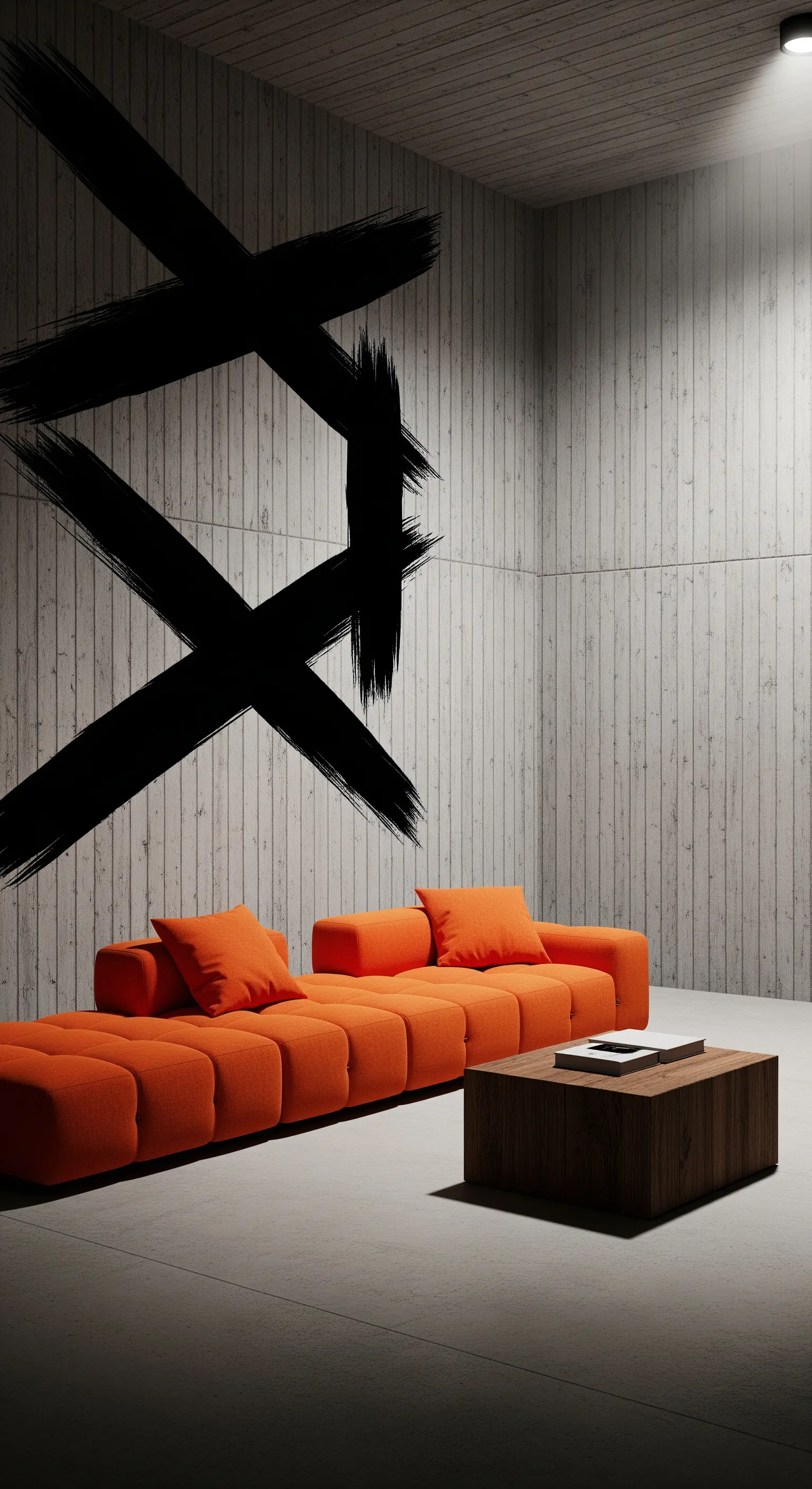Spazio minimalista con parete in cemento, murale con pennellata nera e divano modulare arancione.