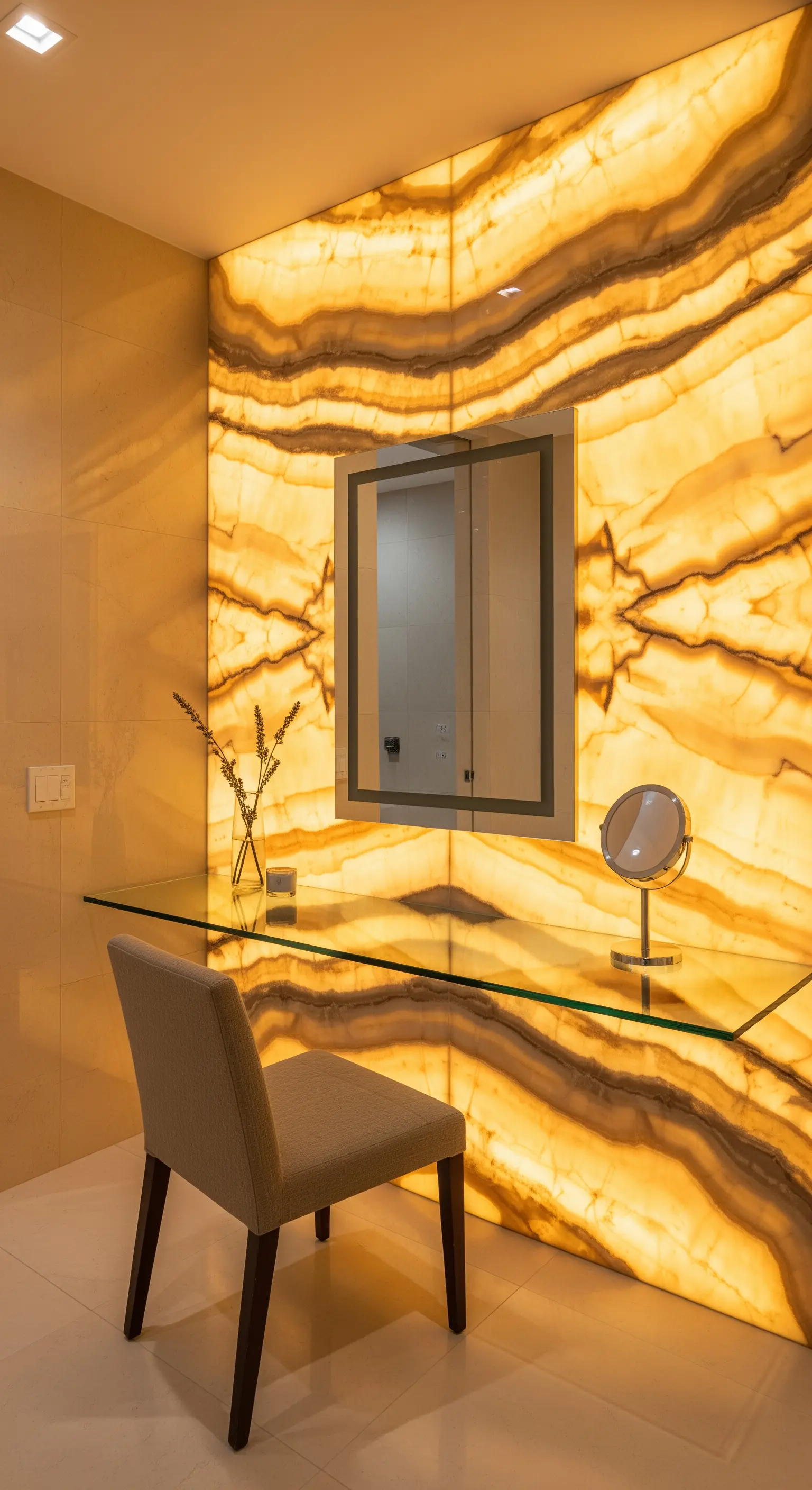 Parete in onice retroilluminato con mensola beauty in vetro e specchio quadrato.