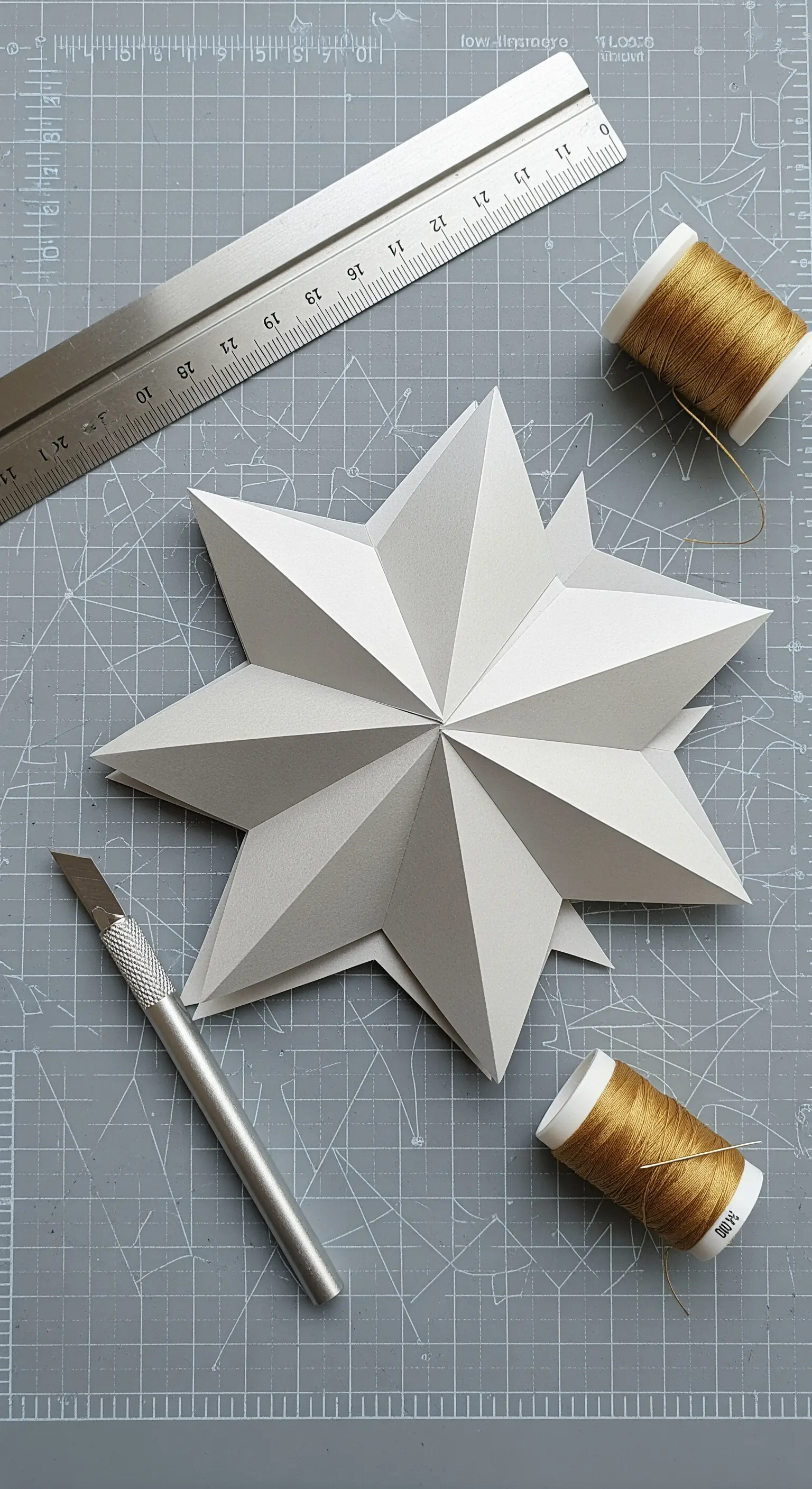 Stella di carta bianca su un tappetino da taglio con taglierino e righello