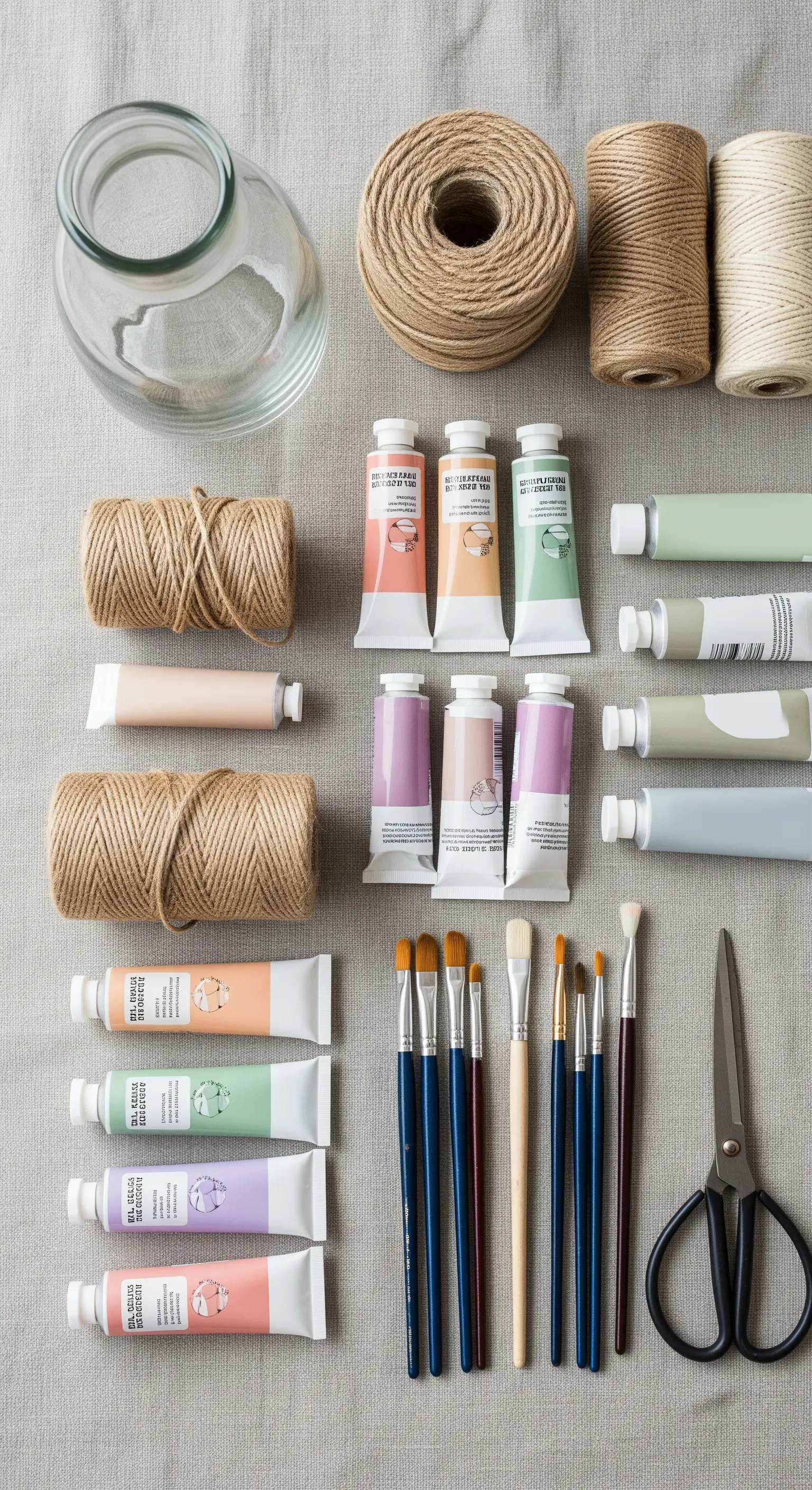 Materiali per DIY disposti su un tavolo: barattolo, corde, colori acrilici, pennelli, forbici.
