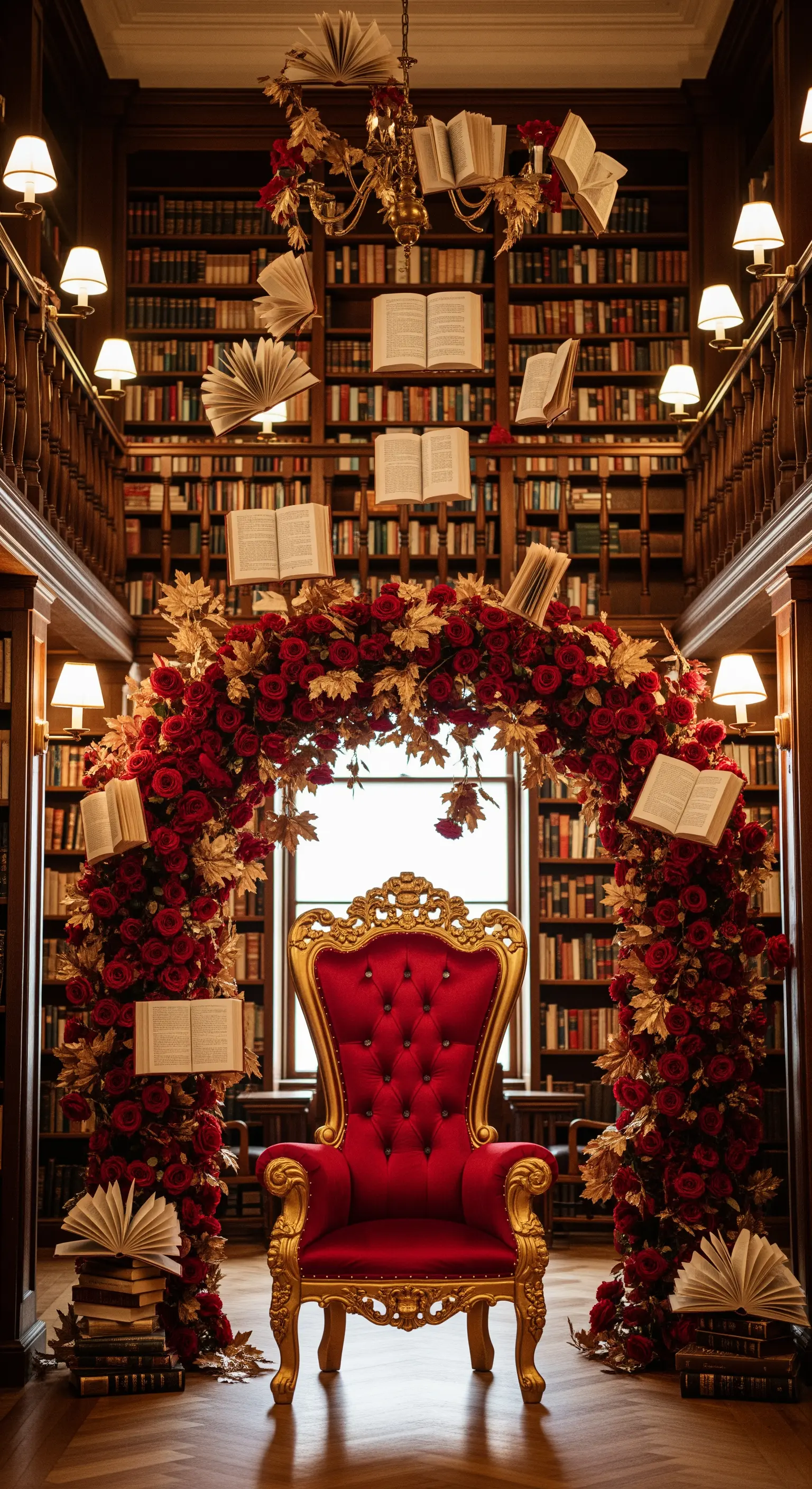 Trono rosso in una biblioteca, con libri sospesi e un arco di rose rosse.