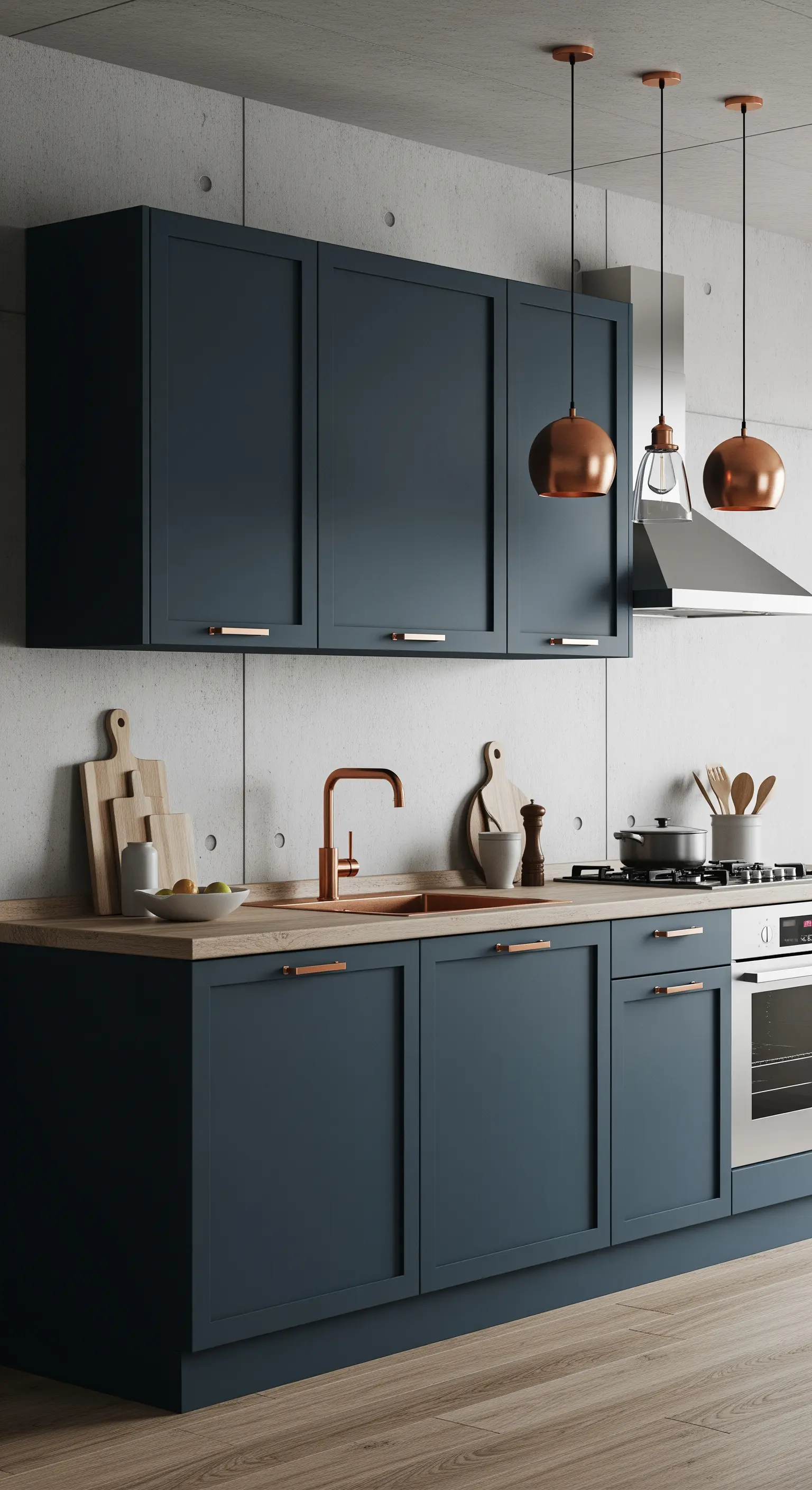 Cucina blu scuro con dettagli in rame, come maniglie e lampade, e top in legno.