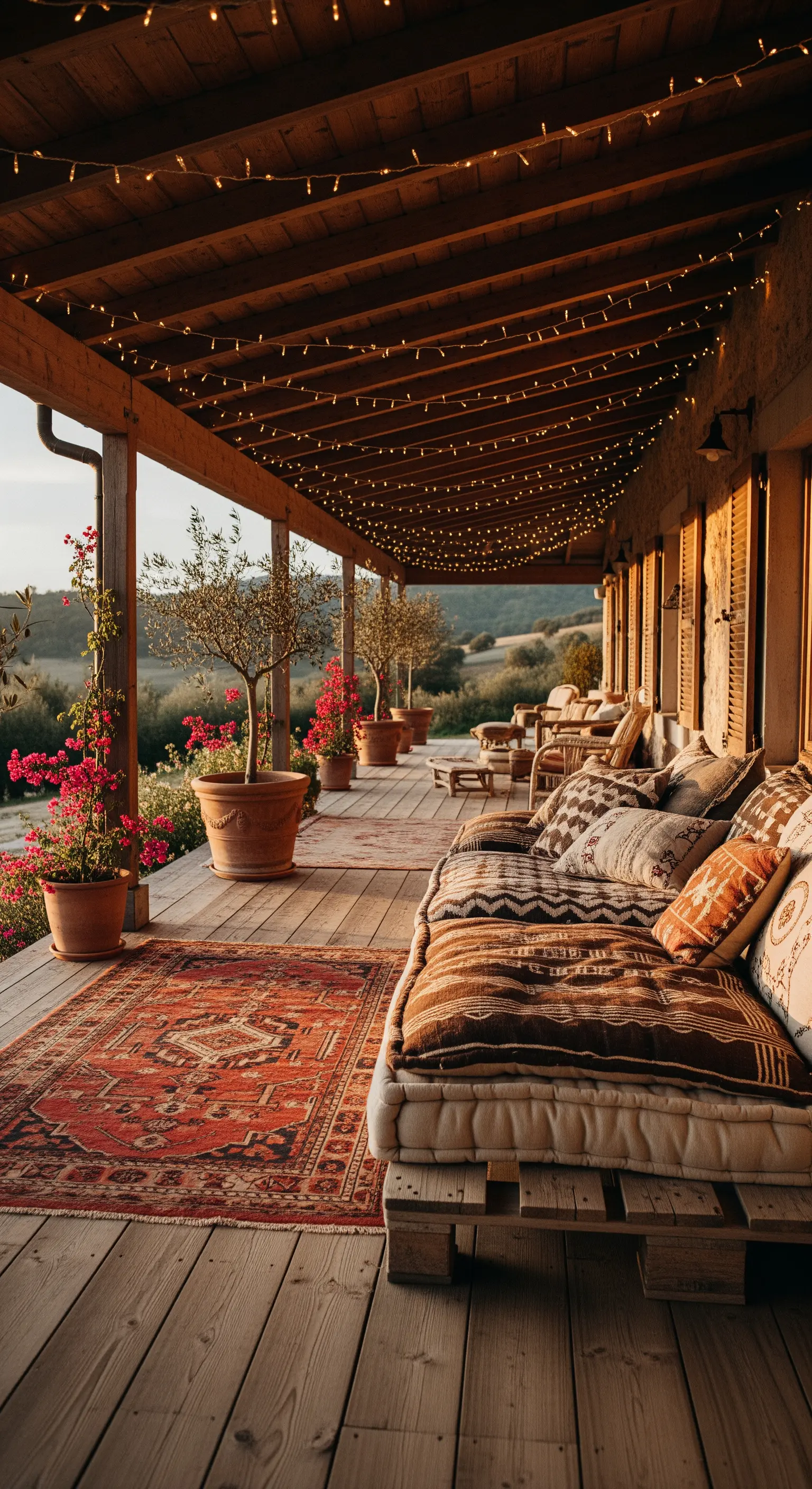 Veranda rustica con divano in pallet, tappeto kilim e fili di luci calde al tramonto.