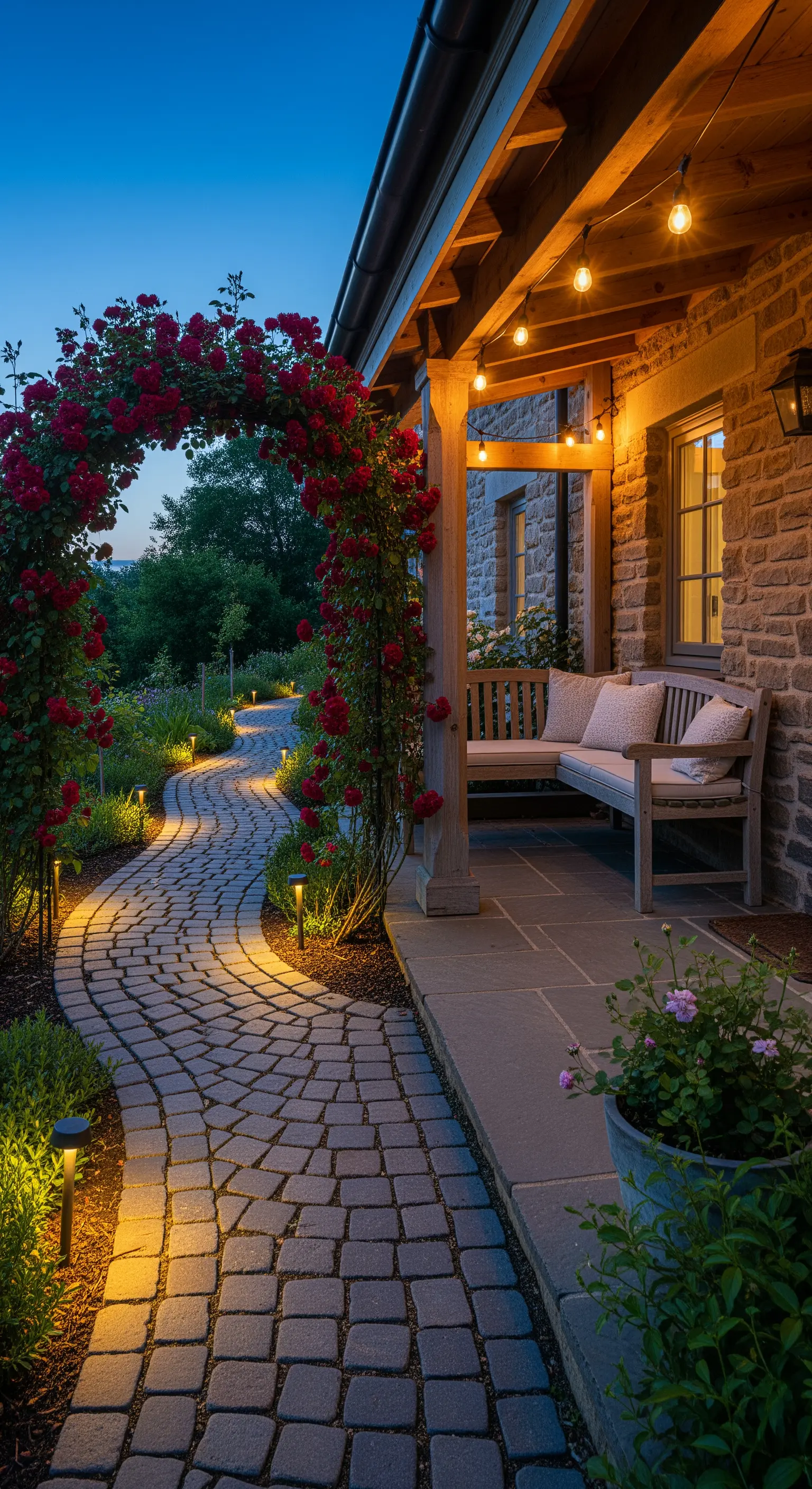 Vialetto in pietra illuminato che conduce a un portico con un arco di rose rosse.