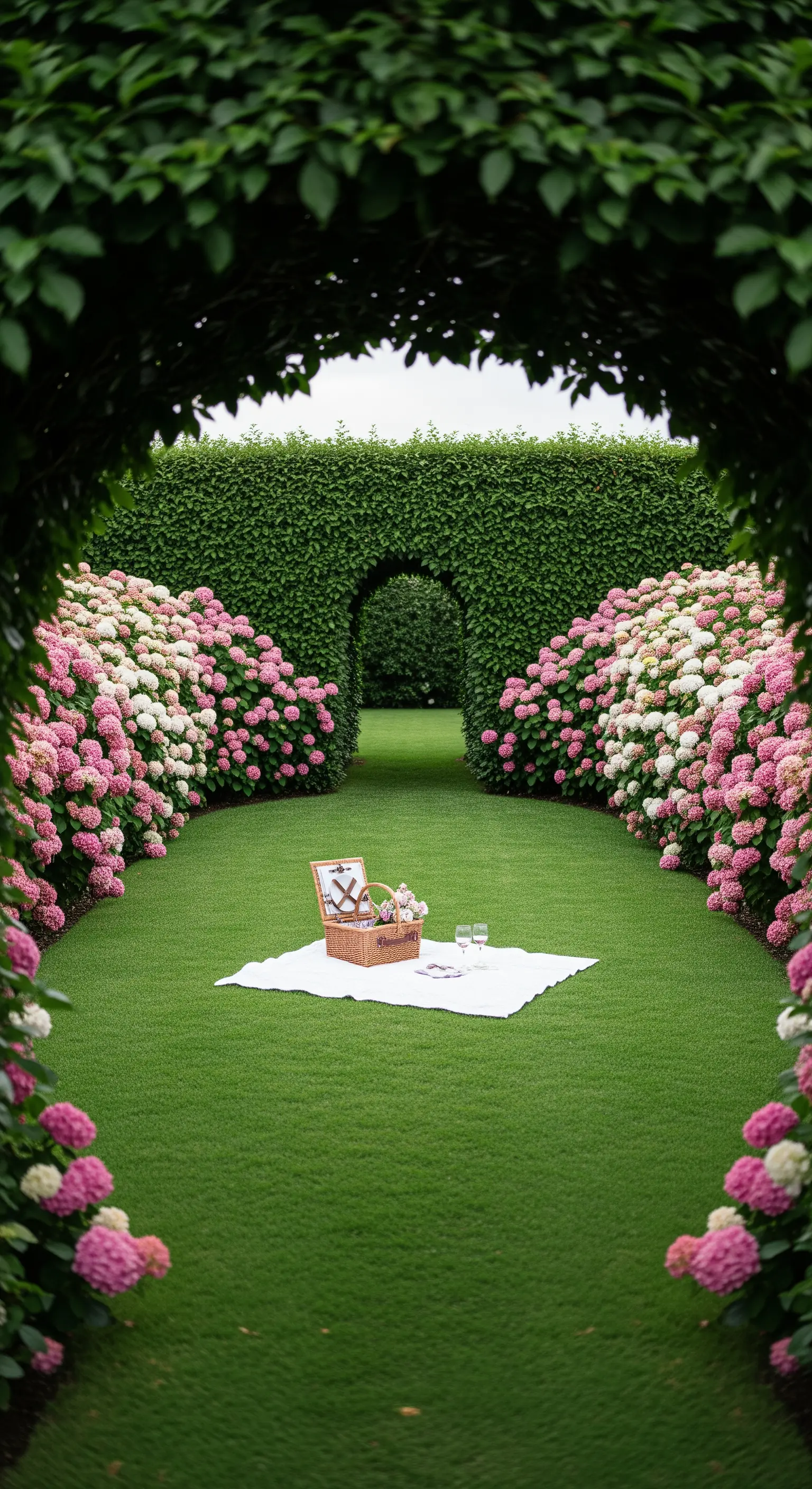Prato verde incorniciato da siepi e ortensie rosa e bianche che conduce a un arco di foglie.