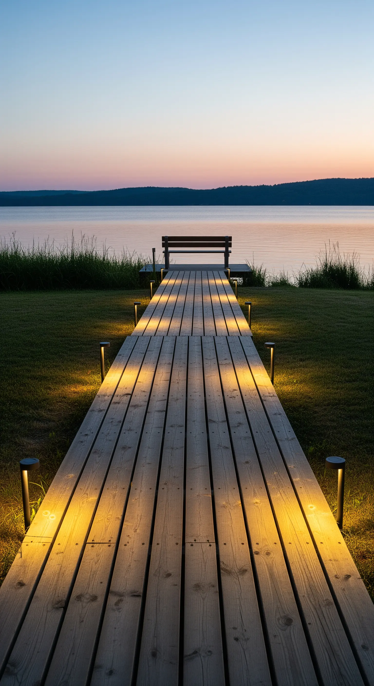 Passerella in legno illuminata da faretti laterali che conduce a una panchina affacciata sul lago al tramonto.