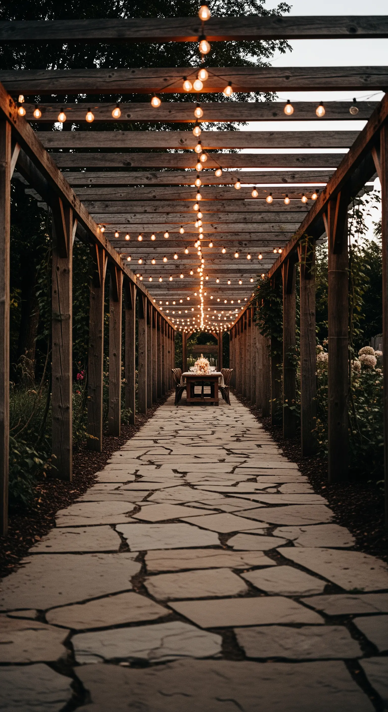 Lungo pergolato in legno con un sentiero in pietra illuminato da catenarie di luci.