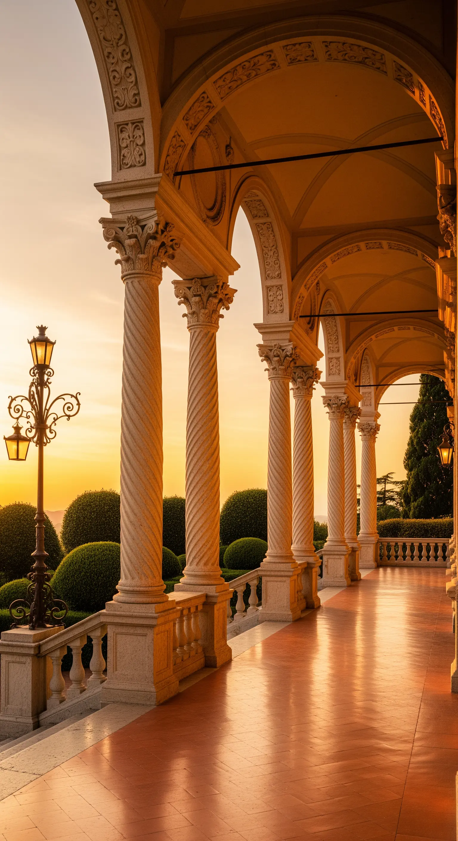 Portico classico con colonne tortili, pavimento in cotto e siepi sferiche al tramonto.