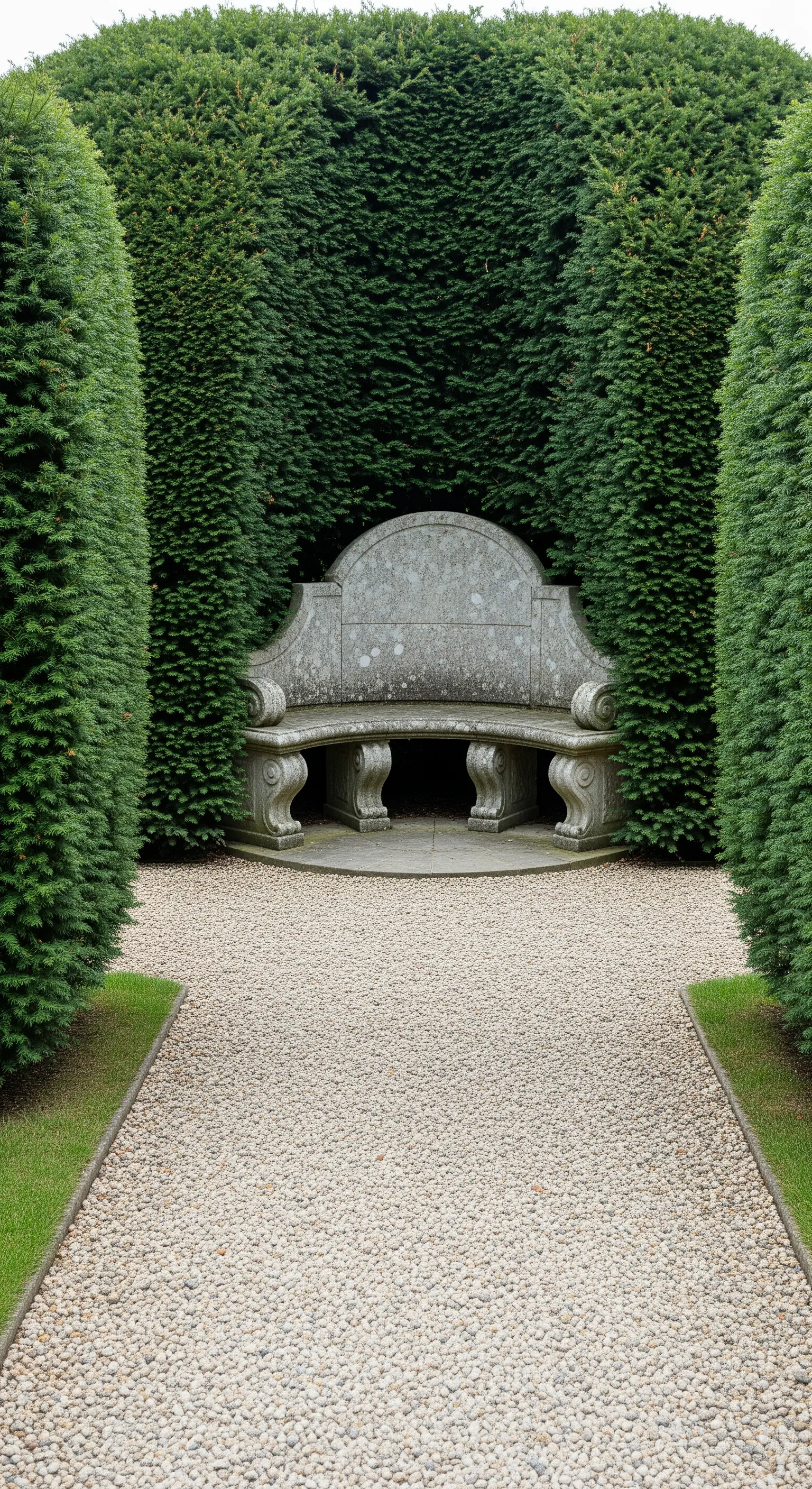 Panchina in pietra decorata posta tra due alte siepi di tasso scolpite in un giardino formale.