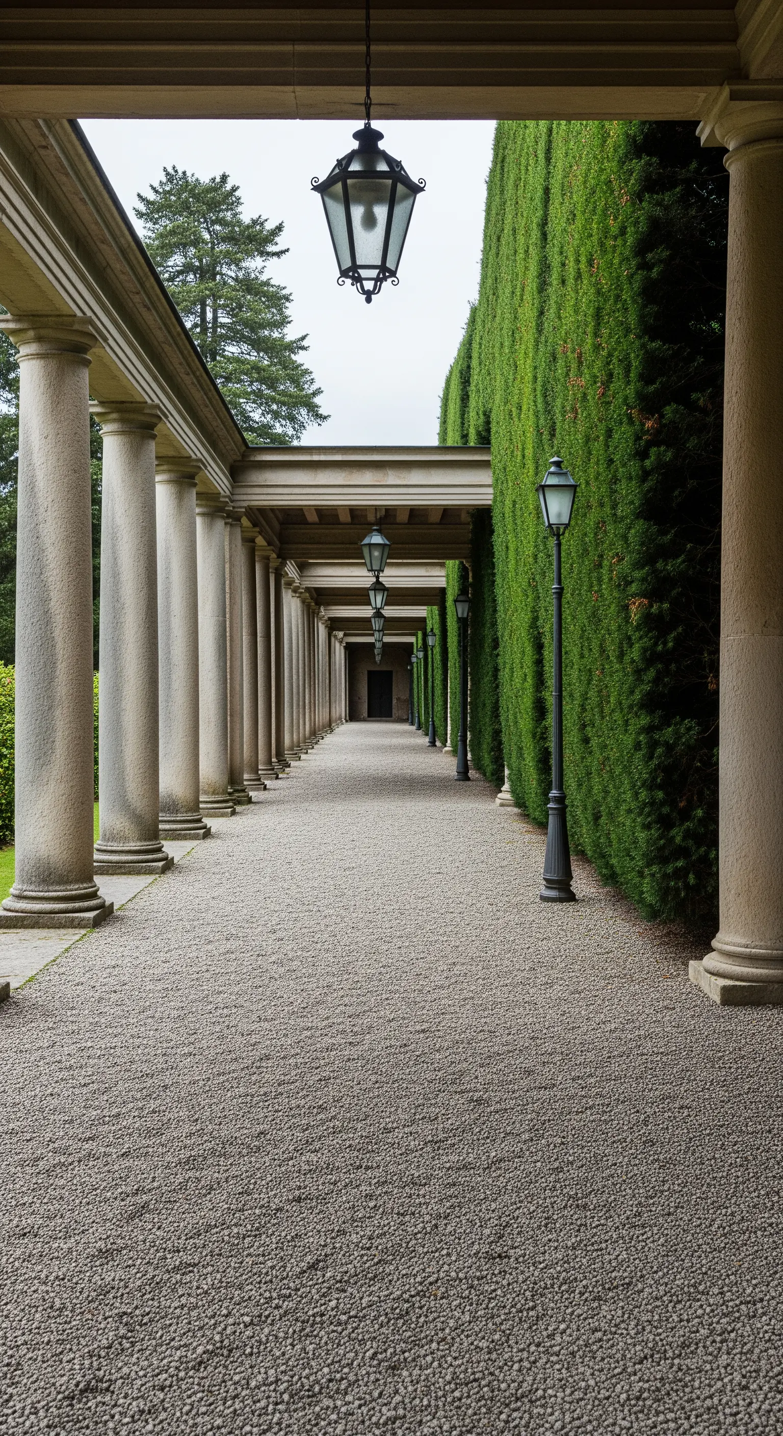 Lungo colonnato in pietra affiancato da un'altissima siepe di cipressi.