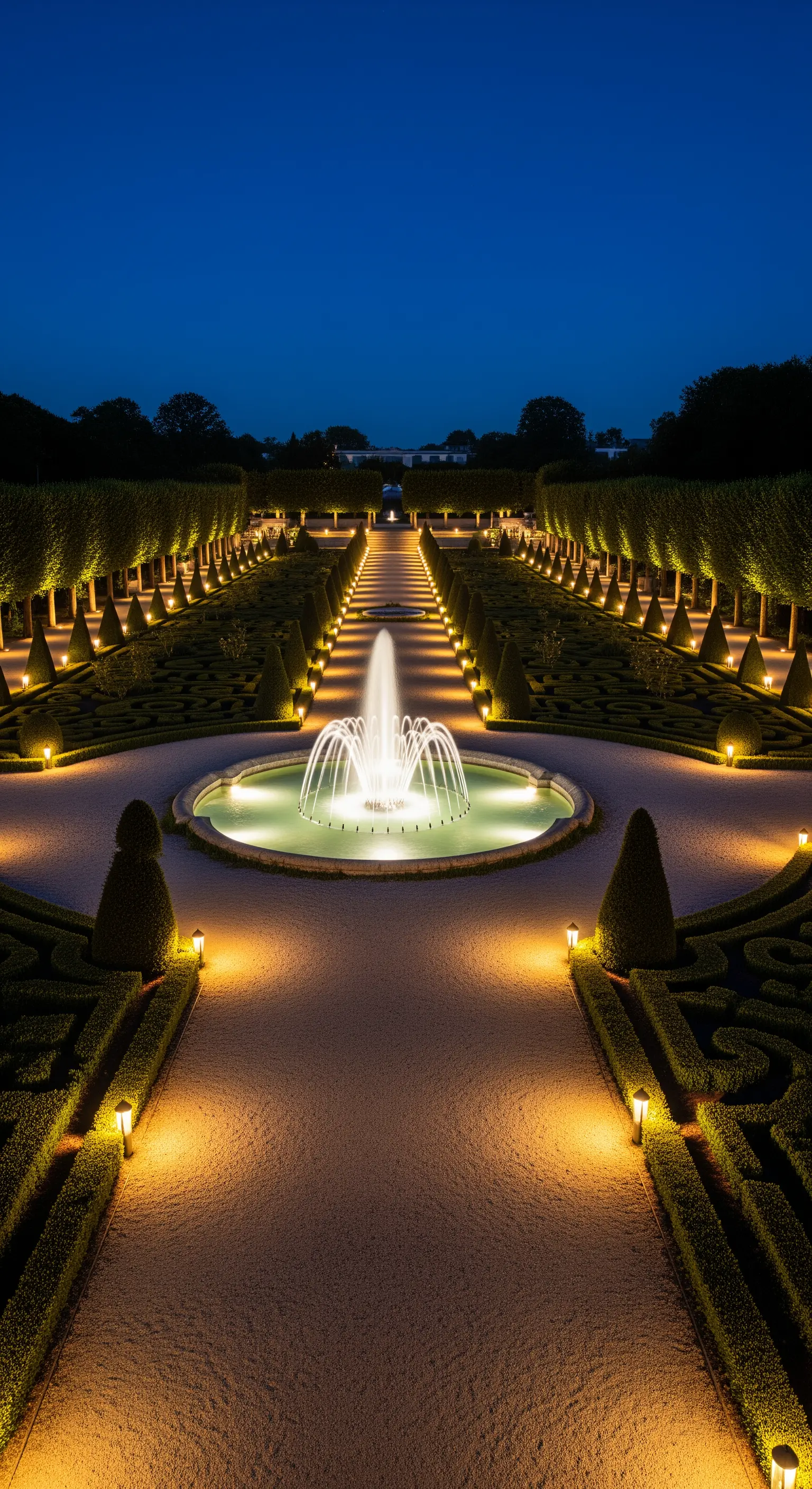 Lungo viale di un giardino formale con lampioni simmetrici che conducono a una fontana illuminata.