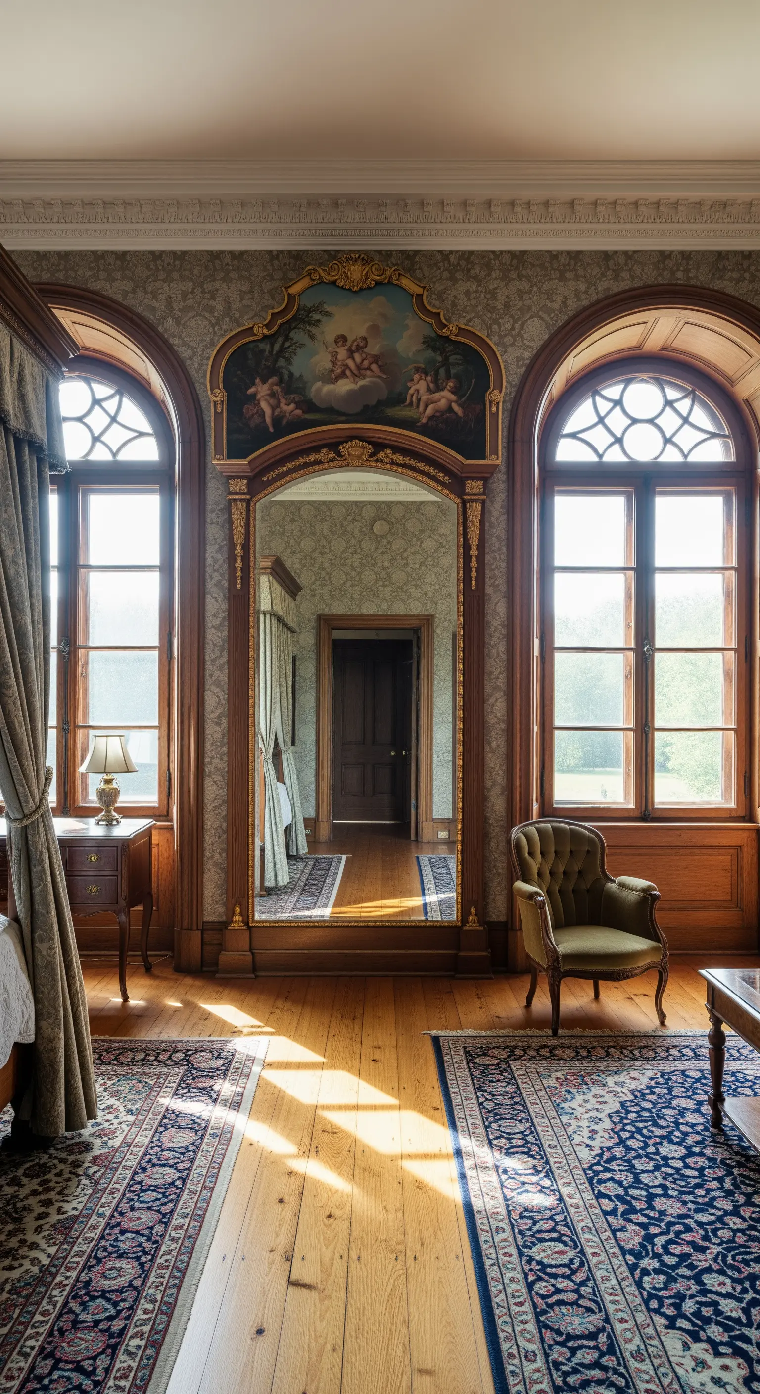 Specchio a tutta altezza con cimasa decorata tra due finestre ad arco in una stanza storica.